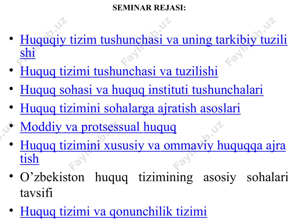 ibga solish mexanizmi huquqiy tizim tushunchasi va uning tarkibiy tuzilishi g’oyaviy-mafkuraviy mazmunga ega bo’lgan elementlar: 1) huquqiy ong; 2) huquqiy madaniyat; 3) huquqiy mafkura; 4) huquqiy siyosat; 5) yuridik fan; 6) qonuniylik muhiti va huquqiy tartibot rejimi tashkiliy-tarkibiy elementlar: 1) yuridik muassasalar, ya’ni huquqiy faoliyat bilan shug’ullanuvchi davlat organlari va huquqni muhofaza qiluvchi idoralar huquq tizimi tushunchasi va tuzilishi huquq tizimi – bu ijtimoiy munosabatlarning xarakteri bilan bog’liq bo’lgan huquqning ichki tuzilishi bo’lib, u huquq normalari, huquq institutlari va huquq sohalarining qat’iy ilmiy izchillikda joylashgan tartibidir huquq tizimi tushunchasi va tuzilishi huquq tizimining xususiyatlari: huquq tizimi muayyan jamiyatda amalda bo’lgan huquqning obyektiv sifatidir, uni avvaldan belgilangan reja asosida barpo etish mumkin emasligi huquq tizimi to’laligicha huquq normalari bilan mustahkamlanadigan va tartibga solinadigan ijtimoiy munosabatlari tizimiga muvofiq keladi. shu jihatdan olganda, huquq ijtimoiy hodisa sifatida nafaqat o’zida, balki ichki tuzilishi orqali ham jamiyat xususiyatlarini ifoda etadi huquq tizimi tarixiy o’zgaruvchan, u …