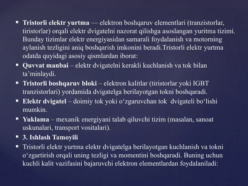 mumkin. elektr yuritmaning yuk ko‘tarish qobiliyati – optimal yuk taqsimoti va ortiqcha yuklardan qochish tizim samaradorligini oshiradi. sovutish tizimining sifati – samarali sovutish tizimlari dvigatelning qizib ketishini oldini oladi va energiya yo‘qotishlarini kamaytiradi. elektr yuritmaning ish rejimi – doimiy yoki o‘zgaruvchan yuklarda samarali boshqaruv tizimlaridan foydalanish energiya sarfini optimallashtiradi. xulosa tristorli elektr yurtmalarni samarali ishlatish va ularning energiya tejamkorligini oshirish sanoat va transport sohalarida katta ahamiyatga ega. yuqori samarali dvigatellardan foydalanish, boshqaruv tizimlarini takomillashtirish hamda regenerativ tormozlash tizimlarini joriy etish orqali elektr energiyasi tejashga erishish mumkin. ushbu tadbirlar nafaqat iqtisodiy samaradorlikni oshiradi, balki ekologik jihatdan ham foydalidir tristorli elektr yurtmalarning samaradorligini oshirish uchun yuqori texnologiyali dvigatellar, ilg‘or boshqaruv tizimlari, regenerativ tormozlash texnologiyalari va optimal energiya taqsimoti muhim rol o‘ynaydi. ushbu chora-tadbirlarni amalga oshirish orqali energiya sarfini sezilarli darajada kamaytirish va tizim samaradorligini oshirish mumkin. foydalanilgan adabiyotlar 1. ibragimov u. elektr mashinalari. kasb-hunar kollejlari uchun. - т.: « 0 ‘qituvchi». 2001. …