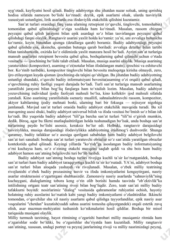 qudrati, mehriyu-qahrini koʻra oldi, undan zavqlandi, hayratlandi, unga topindi va ayni shu holatni toshda yoʻnib muhrladi. haykalni koʻrar ekan tomoshabin oʻsha zavqni, hayratni oʻziga yuqtiradi, haykaldan boshqa maqsadda foydalanishni oʻylamaydi ham. koʻramizki, haykal boshqa bir odamning zavqiyu hayratini boshqa odamga koʻchirdi, uning ruhiyatiga oziq berdi. yuqoridagidan koʻrinadiki, piyola ham, haykal ham goʻzallik qonunlari asosida did va mahorat bilan yaratilgan. ya’ni, amaliy san’at ham, nafis san’at ham estetik faoliyat mahsuli. insonning goʻzallik qonunlari asosida borliqni oʻzlashtirish va oʻzgartirishga qaratilgan faoliyati estetik faoliyat deb yuritiladi. estetik faoliyat inson hayotining barcha nuqtalarida oʻzini namoyon qiladi: kundalik turmushda, mehnatda, istirohatda va h. aytaylik, hovlisiga gulu rayxon oʻtqazayotgan ayol, oʻziga oro berayotgan qiz, daraxtlarga shakl berayotgan bogʻbon, tabiat manzarasidan zavqlanayotgan sayyoh, oʻsha manzarani chizayotgan rassom ... — bularning barida estetik faoliyat unsurlari u yoki bu darajada mavjud. biroq ular bir-biridan farqlanadi. aytaylik, agar piyola goʻzallik qonunlari asosida kechgan mehnat faoliyati mahsuli boʻlsa, haykal goʻzallik qonunlari …