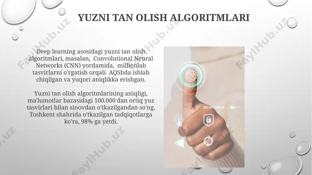 mining xatolik darajasi 0.01% atrofida bo'lib, bu millionlab foydalanuvchilar uchun yuqori darajadagi ishonchlilikni ta'minlash imkonini beradi. yuzni aniqlash tizimlarining aniqligi 95% dan yuqori bo'lishi mumkin, ammo bu raqam yorug'lik sharoiti, yuzning holati va kameraning sifati kabi omillarga bog'liq bo'ladi. e'tiboringiz uchun rahmat @taqdimot_robot image3.png image4.jpg image5.jpg image6.jpg image7.jpg image8.jpg image9.jpg image10.jpg image11.jpg image12.jpg image13.jpg image14.jpg image15.jpg image16.jpg image1.png