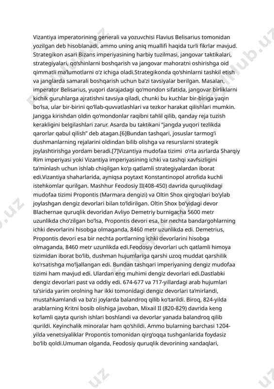 ’minlashda muhim rol o‘ynagan. ular doimiy jangovar tayyorgarlikda bo‘lib, davlat to‘ntarishlari yoki fitnalarga qarshi turish uchun mo‘ljallangan edi.ularning o’rniga imperator lev i (457-474) faol qo’riqchilar sifatida atigi 300 kishidan iborat ancha kichikroq elita bo’linmasini yolladi. garchi ular vi asr davomida faol bo’lgan bo’lsalar ham, vii asrda ular maktablar singari ko’proq parad bo’linmasiga aylangandi.imperatorning dengiz kuchlari nisbatan cheklangan bo‘lib, ular dunay bo‘ylab joylashgan bir nechta kichik flotiliyalar, ravennadagi flot va konstantinopoldagi eskadrondan iborat edi. imperiyaning mudofaa strategiyasi esa mustahkamlangan postlar, asosiy qal’alar hamda kichik istehkomlarning birlashgan tarmog‘i bilan himoyalangan chiziqli chegaraga asoslangan edi. buni chegara ortidagi viloyatlar bo’ylab garnizon shaharlari va qal’alarida tarqalgan ko’chma dala bo’linmalari zaxirasidan tashkil topgan ikkinchi qator qo’llab-quvvatladi. yustinian hukmronligining oxiriga kelib, yuqorida aytib o’tilgan sabablarga ko’ra, “chegara” va “dala” qo’shinlarining turli funktsiyalari o’rtasidagi tafovut qisqardi va 560-570-yillarda garnizon bo’linmalari kuchayib, dala armiyasi bo’linmalari bilan birga jang qilgan. darhaqiqat, kech rim armiyasi juda o’zgaruvchan sifatdagi nisbatan qimmat …