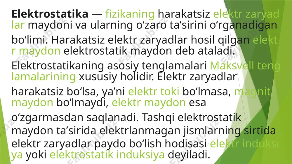 t yaqqol tasvirlabgina qolmay, balki ularning zichligi orqali ye ni baholash mumkin. kuch chiziqlari zich oʻtkazilgan joylarda kichik boʻladi. bir jinsli maydonning kuch chiziqlari oʻzaro parallel yotadi. hamma nuqtalarida potensial qiymati bir xil boʻlgan sirtlar ekvipotensial sirtlar deyiladi. bir jinsli elektr maydon uchun ekvipotensial sirtlar oʻzaro parallel tekisliklardagi, nuqtaviy zaryad maydoni uchun markazi zaryad ustida yotgan konsentrik aylanalardan iborat. image1.jpeg image2.jpeg /docprops/thumbnail.jpeg
