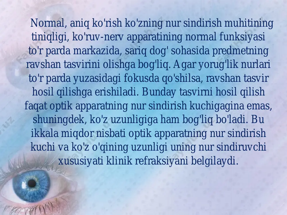 urli ko'rinishlaridagi tafovutlar sistematik tarzda berilgan. refraksiya anomaliyalari o'qni normal uzunlikda ko'zning nur sindiruvchi xususiyatining kuchayishi yoki bu xususiyatning pasayishiga kamroq hollarda bog'liq bo'ladi. bu anomaliyalar ko'z o'qi uzunligi va uning nur sindirish xususiyatining bir-biriga mos kelmasligi bilan izohlanadi. bir ko'zda refraksiyaning har xil turlari birga kelishi ham mumkin, buni astigmatizm deyiladi. bunday ko'zlarda yorug'lik nurlari to'r pardada nuqta ko'rinishida emas, chiziq holida fokuslanadi. shuning uchun astigmatizmda narsalarni aniq ko'rib bo'lmaydi. astigmatizm 3 xil bo'ladi: 1) oddiy, bunda shox pardaning bir meridianida emmetropik refraksiya, ikkinchi meridianida miopiya yoki gipermetropiya bo'ladi; 2) murakkab, bunda ikkala meridianda gipermetropiya yoki miopiya bo'ladi (lekin bularning kuchi har xil); 3) aralash, bir ko'zda miopiya bilan gipermetropiyaning kombinatsiyalangan holda kelishi ham mumkin. normal ko'rish va astigmatizm refraksi̇ya darajalari̇ daraja miopiya (m) gipermetropiya (h) past — 0,5 d dan — 3,0 d gacha + 0,5 d dan + 2,0 d gacha o'rta — 3,25 d dan — …