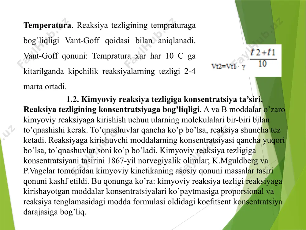 suyuklanmasini olish, so’ngra metallni vodorod yoki boshka gaz bilan qaytarish (masalan ammiak sintezida temir katalizator) orkali olinadi. ii.bob.tajribaviy qism. 2.1.kimyoviy reaksiya tezligining reaksiyaga kirishuvchi moddalar konsentrasiyasiga bogʻliqligi. ishning maqsadi: kimyoviy kinetika haqidagi tushunchalarni o‘zlashtirish, kimyoviy reaksiyalarni tezligini, unga turli omillarning ta’sirini va muvozanat siljishini o‘rganish. reaktivlar: h2o-distillangan suv, nacl-natriy xlorid (oq kristall modda), fec13-temir(iii)xlorid (qizg‘ish qo‘ng‘ir rangli eritma), kscn-kaliy radonid (rangsiz eritma), nh4scn-ammoniy radonid (rangsiz eritma), na2s2o3-natriy tiosulfat(rangsiz eritma), h2so4- sulfat kislota (rangsiz eritma), 10%-li hcl-xlorid kislota (rangsiz eritma), indigokarmin eritmasi, cuso4-mis(ii)sulfat eritmasi, hno3-nitrat kislota eritmasi, mn(no3)2-marganes(ii)nitrat eritmasi, agno3-kumush nitrat eritmasi, (nh4)2s2o8-ammoniy persulfat ning 30% li eritmasi, nh4no3-ammoniy nitrat tuzi, fecl3- temir(iii)xlorid tuzi, k2cr2o7-kaliy dixromat tuzi, h2o2-vodorod peroksid eritmasi, mno2-marganes(iv)oksid, pbo2-qo`rg`shin(iv)oksid, so2-oltingugurt (iv)oksid gazi, glitserin, bacl2-bariy xlorid eritmasi, h2c2o4-oksalat kislotaning 5% li eritmasi, kmno4-kaliy permanganat eritmasi, mnso4-marganes(ii)sulfat eritmasi, ch3cooh-0,1n sirka kislotasi, zn-rux bo‘lakchalari, pb(no3)2-qo‘rg‘oshin (ii) nitrat tuzi, ki-kaliy yodid tuzi, zn-rux va fe-temir kukuni, fe-temir qirindisi zn-rux granulalari, indikatorlar- neytral …