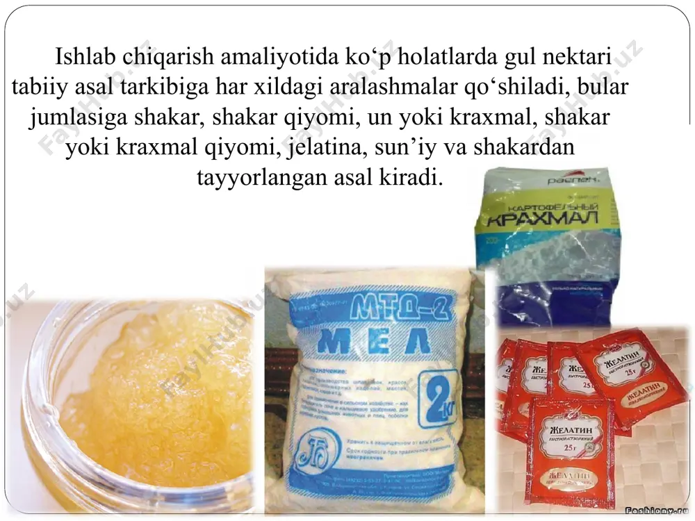 i qo‘shilganda diastaz soni birmuncha kamayadi. asal uzoq vaqt (bir yil) saqlanganda diastazaning aktivligi qisman pasayadi. diastaza fermentini aniqlash uchun 50 ml hajmdagi kolbaga 5 g asal olinib, ma’lum belgisigacha suv qo‘shiladi. tayyorlangan bunday eritmaning har qaysi 1 millilitrida 0,1 g asal bo‘ladi (10 foizli eritma). tayyorlangan eritma 11 ta probirkaga quyiladi va ustiga jadval asosida boshqa eritmalarning komponenti qo‘shiladi. so‘ngra probirkalarning og‘zi tiqin bilan bekitilib, yaxshilab chayqatiladi va 40o haroratli suv hammomiga bir soat joylashtiriladi. keyin esa uy haroratigacha sovutilib, probirkalarga bir tomchidan yo’d eritmasi tomiziladi. bunda agar qaysiki probirkalarda kraxmal parchalanmasa, ko‘k rang qolsa, bu diastaza yo‘qligini bildiradi. binafsha rangga kirsa, kraxmalning qisman parchalanganligini bildiradi. probirkalarda kraxmal bo‘lmasa, yo’dga reaksiya ko‘rsatmaydi. diastaza sonini aniqlash tartib nomeridagi birinchi probirkani, reaksiya ko‘rsatgan probirkadagi toza asal og‘irligiga bo‘lish bilan aniqlanadi misol: hisob bo‘yicha kuchsiz bo‘yalgan probirka qatorida beshinchisi rangsizlangan, bu probirka eritmasida 0,28 g toza asal bor, bunda diastaza soni: 5 …