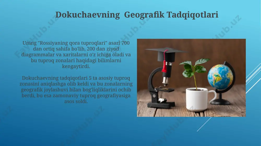 oqlarning geografik tarqalishini va ularning xususiyatlarini batafsil tasvirlaydi, bu esa tuproq geografiyasi fani uchun muhim hisoblanadi. tuproqlar geografiyasi fanining paydo bo‘lishi v.v. dokuchaev 1883-yilda rossiyaning har xil geografik zonalarida tuproqlarning tarqalishini o'rganib, 5ta asosiy tuproq zonasini aniqladi, bu esa tuproqlar geografiyasi fanining asosini tashkil etdi. dokuchaevning "rossiyaning qora tuproqlari" asari (1883) tuproqlarning geografik tarqalishi va ularning hosil bo'lish omillari haqidagi ilmiy fikrlarni umumlashtirib, fanning shakllanishiga turtki bo'ldi. dokuchaevning tuproq formirovaniya nazariyasi nazariya, 1870-yillarda rossiyaning chernozem mintaqasida olib borilgan keng koʻlamli tadqiqotlar natijasida ishlab chiqilgan boʻlib, tuproqni mustaqil tabiiy jismlar sifatida koʻrib chiqdi va ularning geografik tarqalishini oʻrganishga turtki berdi. dokuchayevning tuproq hosil boʻlish nazariyasi 5 ta omilni — iqlim, ona jins, relyef, organizmlar va vaqtni hisobga olgan holda tuproq shakllanishini tushuntirdi va rossiyaning turli mintaqalarida tuproq xaritalarini yaratishga asos soldi. v.v. dokuchaevning hayoti va faoliyati v.v. dokuchaev 1846-yilda nijniy novgorod guberniyasining miluy viloyatida tug'ilib, geologiya va mineralogiya sohalarida chuqur bilimlarga …
