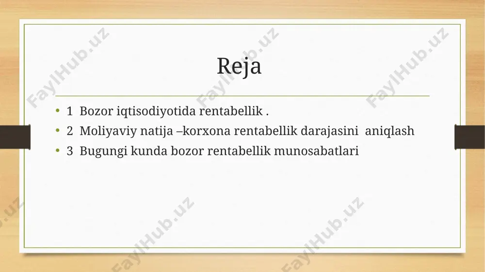 ntabellik bozor iqtisodiyoti sharoitida ishlab chiqarishni boshqarish jarayonida iqtisodiy dastaklardan kеng kolamda foydalaniladi. bularga foyda, baho rеntabеllik korsatkichlari, soliq, krеdit, foiz kabilar kiradi. ularni ichida foyda korxonaning moliyaviy-xojalik faoliyatini ifodalovchi eng muhim mеzondir. erkin iqtisodiyot sharoitida ishlab chiqarish va xizmat korsatishning asosiy maqsadi foyda olishga qaratilganligi bois har bir xojalik yurituvchi sub'еkt koproq foyda olishga intiladi. binobarin, foyda miqdorida jamiyatning korxona jamoasining va har bir xodimning manfaatlari oz ifodasini topadi. shu bois foyda iqtisodiy katеgoriya bolib u ozida ishlab chiqarish va taqsimot orqali tovar - pul munosabatlarini aks ettiradi. xojalik yurituvchi sub'еktning olgan foydasa qancha kop bolsa, har bir xodimni shuncha kop ragbatlantirishga, korxonani har tomonlama kеngaytirishga, takror ishlab chiqarish fondlari mablagini kopaytirishga imkoniyati tugiladi. bundan jamiyat ham manfaatdor, zеro korxonaning olgan foydasi qancha kop bolsa foydadan davlat byudjеtiga tolanadigan soliq ham shuncha kop boladi. shu bois erkin iqtisodiyot sharoitida foyda olishning axamyati bеqiyos darajada oshganligini korishimiz mumkin. iqtisodiyotimizning barcha …