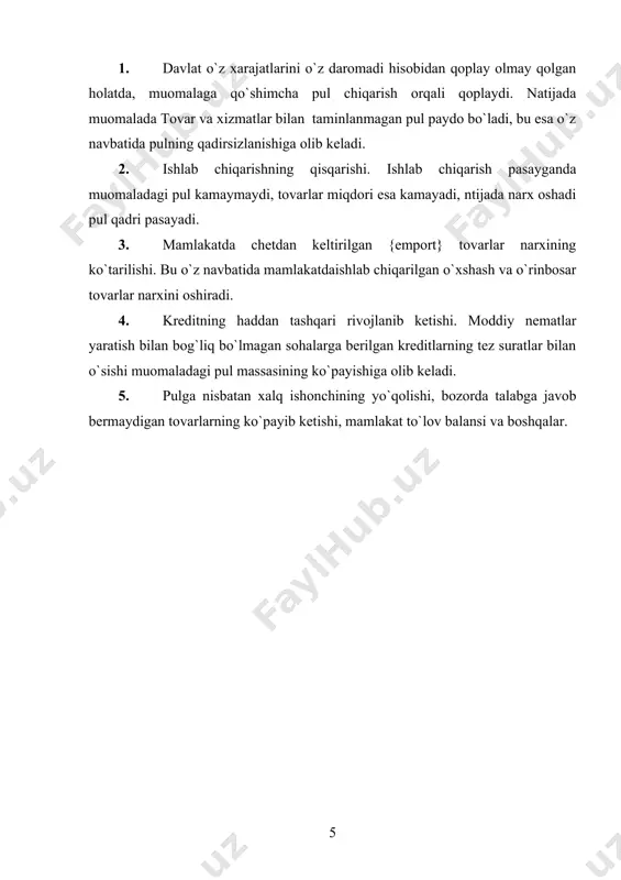 sh va o`rinbosar tovarlar narxini oshiradi. 4. kreditning haddan tashqari rivojlanib ketishi. moddiy nematlar yaratish bilan bog`liq bo`lmagan sohalarga berilgan kreditlarning tez suratlar bilan o`sishi muomaladagi pul massasining ko`payishiga olib keladi. 5. pulga nisbatan xalq ishonchining yo`qolishi, bozorda talabga javob bermaydigan tovarlarning ko`payib ketishi, mamlakat to`lov balansi va boshqalar. 1.2 inflyatsiyaning turlari. inflyatsiyaning turlari 3 turga bo’linadi o`rmolovchi inflyatsiya . bunda narx-navo sekin o`sadi va inflyatsiya suratlari yiliga 1-3 % dan 5-10 % gacha bo`ladi. mamlakatda iqtisodiy o`sish davom etadi, ishsizlik katta bo`lmaydi, bunday inflyatsiya odatda, iqtisodiy rivojlangan mamlakatlarga xosdir. bu inflyatsiya aksincha ishlab chiqarishni yanada rivojlantirishni rag`batlantiruvchi omil sifatida namoyon bo`lishi mumkin. pulning qiymati barqarorligidagi o`zgarish sеzilmasligi mumkin. masalan 1998 yilda inflyatsiya suratlari avstriya, belgiya, germaniyada – 1.0 %, ispaniya, buyuk bretaniya va aqsh da – 2 %, gresiyada esa 4.8 %ni tashkil etgan. bulardan tashqari bu guruhga g`arbiy yevropaning boshqa mamlakatlari, kanada, yaponiya, sengapur, malayziya, janubiy koreya, saudiya …