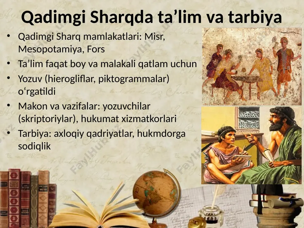 gan qadimgi rimda esa ta’lim fuqarolarning davlat ishlarida faol ishtirok etishi uchun asos yaratdi ta’lim va tarbiya qadimgi jamiyatlarda muhim ijtimoiy rol o‘ynadi e’tiboringiz uchun rahmat! image2.png image3.jpeg image4.jpeg image5.jpeg image6.jpeg image7.jpeg image8.webp image9.jpeg image1.jpeg /docprops/thumbnail.jpeg