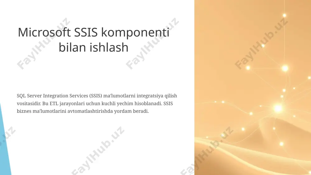 rni tartiblaydi. 8 data flow komponentlari (manzillar) ma'lumotlarni yuklash uchun: ole db destination: ma'lumotlar bazasiga yozish. flat file destination: csv/txt faylga yozish. sql server destination: sql serverga tez yuklash. excel destination: excel fayliga eksport qilish. 9 amaliy misol: csv dan sql serverga stsenariy: csv mijoz ma'lumotlarini yuklash. control flow file task → data flow task → sql task. data flow flat file source → derived column → ole db destination. natija: sql server toza ma'lumotlar bazada joylashadi. 10 eng yaxshi amaliyotlar va afzalliklar amaliyotlar: paketlarni kichiklashtirish. xato boshqaruvi. loglash va monitoring. parametrlardan foydalanish. afzalliklar: jarayonlarni avtomatlashtirish (80% samaradorlik). katta hajmli ma'lumotlar bilan ishlash. grafik interfeys orqali tez rivojlanish. 11 xulosa ssis ma'lumotlar integratsiyasi uchun muhim vositadir. u etl jarayonlarini soddalashtiradi va tezlashtiradi. biznes qarorlari uchun aniq ma'lumotlar bazasini ta'minlaydi. ssis ma'lumotlar mutaxassisi uchun muhim ko'nikmadir. kelajakda cloud etl bilan integratsiya kengayadi. 12 foydalanilgan adabiyotlar: knight, b., & moss, t. (2012). …