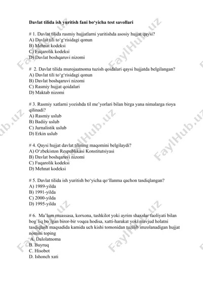 davlat tilida ish yuritish fani bo‘yicha test savollari — DOCX
