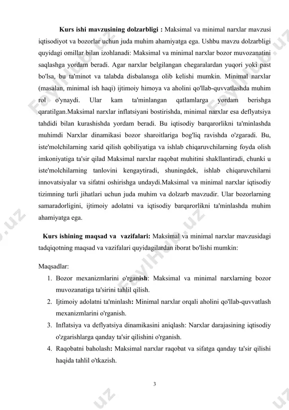larning ta'sirini tahlil qilishdir. kurs ishi tuzilmasining tavsifi. kirish, 4 ta reja, xulosa va takliflar, foydalanilgan adabiyotlar ro‘yxatidan iborat. 1.bozor muvozanati va muvozanat narx bozor muvozanati — bozordagi talab va taklifning miqdoran va tarkib jihatidan bir-biriga muvofiq kelishi. bozor muvozanati bir lahzalik (oʻzgarmas taklifda), qisqa muddatli (tashkilot yoki firmalarning oʻzgarmas miqdori va ishlab chiqarish hajmining oʻzgarishi) va uzoq muddatli (iqtisodiy shartsharoit tashkilot, firmalar va mavjud talabning zamonaviy darajasiga muvofiq kelganda) boʻlishi mumkin. talab va taklif uzoq vaqt bir-biridan ajralib qolsa, bozor muvozanati buziladi. umuman olganda bozor muvozanati hamma tovarlarga nisbatan va uzok, vaqt boʻlishi mumkin. ammo juzʼiy va ayrim tovarlarga nisbatan moslikning buzilishi muqarrar. chunki ehtiyojning yuksalishi bilan yangi talab paydo boʻladi va u darhol qondirilmaydi. bozor muvozanati ni taʼminlashning asosiy yoʻllari: tovar ishlab chiqarishni talab darajasiga yetkazish orqali bozorni toʻydirish; yetarli tovarlar zaxirasini barpo etish; talabgir tovarlar narxini oshirish, oʻtmay turgan tovarlar narxini pasaytirish; eksport va importning ortishi yoki …