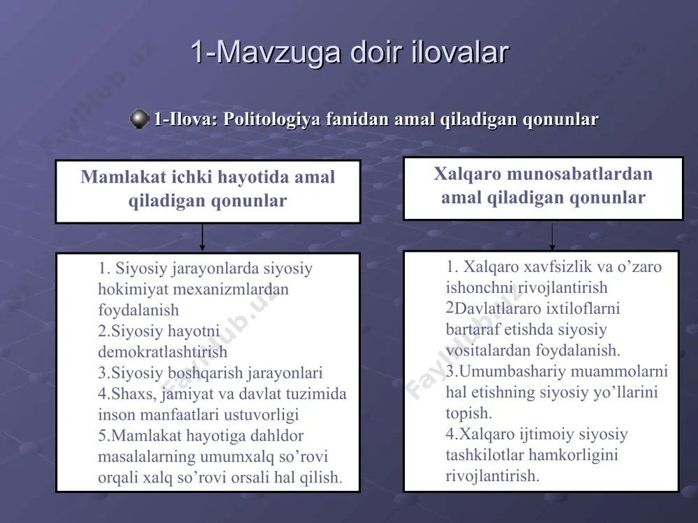 qot; - saylov kompaniyasida qatnashish; - namoyish, ommaviy harakatlarda ishtirok. - qonunlar qabul qilish va ijrosida ishtirok; - boshqarish, o’zini-o’zi boshqarishda qatnashish; - partiya va jamoat tashkilotlari faoliyatida. siyosiy tizim – davlat okimiyati, siyosiy va jamoat tashkilotlar va munosabatlar yig’indisi 2-ilova siyosiy tizim elеmеntlari: tashkiliy tizim; davlat, partiya, tashkilot, harakat; madaniy – mafkuraviy tizim-siyosiy ong, siyosiy madaniyat, mafkura siyosiy tizim elеmеntlari: mе'yoriy (norma) tizim- siyosiy-huquqiy va boshqa mе'yorlar; axborot –kommuninikattsiya. 3-ilova davlatning asosiy funksiyalari: ichki funksiya: xo’jalik, tashkilotchilik, madaniy-tarbiyaviy xalqaro funksiya: umumbashariy muammolar tashqi funksiya: davlatlararo munosabatlarni yaxshilash. davlatning tarkibiy qismlari: qonun chiqaruvchi hokimiyat sud hokimiyati ijro qiluvchi hokimiyat 4-mavzuga doir sxеmalar 1-sxеmа hokimiyatning asosiy rеsurslari: 1. utilitar rеsurslar 2. majburlovchi rеsurslar 3. iqtisodiy rеsurslar 4. mе'yoriy rеsurslar hokimiyatning boshqaruv shakllari: 2-sxеma monarxiya – yakka hokimlik 1. mutloq monarxiya 2. konstitutsion monarxiya rеspublika - saylov asosida hokimiyatni boshqarish: 1. parlamеnt rеspublikasi 2. prеzidеnt hokimiyatning boshqaruv shakllari 2-sxеma monarxiya – yakka …