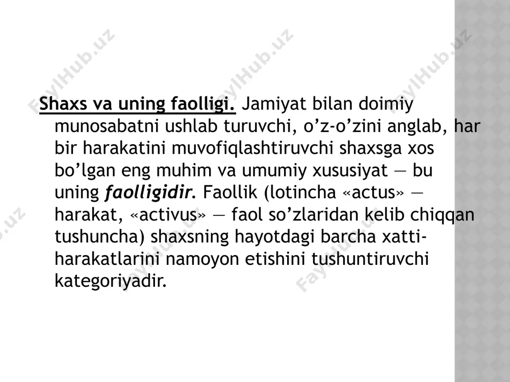 ishidan kelib chiqadi. kelib chiqishi nuqtai nazaridan ichki-aqliy, psixik faoliyat tashqi predmetli faoliyatdan kelib chiqadi. faoliyatning yo’naltirilganligi. tashqi va ichki faoliyat. aqliy harakatlar — shaxsning ongli tarzda, ichki psixologik mexanizmlar vositasida amalga oshiradigan turli-tuman harakatlaridir. . eksperimental tarzda shu narsa isbot qilinganki, bunday harakatlar doimo motor harakatlarni ham o’z ichiga oladi. bunday harakatlar quyidagi ko’rinishlarda bo’lishi mumkin: motor harakatlar perseptiv mnemik faoliyat fikrlash faoliyati imajitiv faoliyat interiorizasiya eksteriorizasiya faoliyat turlari yana ongning bevosita ishtiroki darajasiga ko’ra ham farqlanadi. masalan, shunday bo’lishi mumkinki, ayrim harakatlar boshida har bir elementni jiddiy ravishda, alohida-alohida bajarishni va bunga butun diqqat va ongning yo’nalishini talab qiladi. lekin vaqt o’tgach, bora-bora unda ongning ishtiroki kamayib, ko’pgina qismlar avtomatlashib boradi. bu oddiy tilga o’girilganda, malaka hosil bo’ldi deyiladi. agar malakalarimiz qat’iy tarzda bizdagi bilimlarga tayansa, faoliyatning maqsadi va talablariga ko’ra harakatlarni muvaffaqiyatli bajarishni ta’minlasa, biz buni ko’nikmalar deb ataymiz. ko’nikmalar — doimo bizdagi aniq bilimlarga tayanadi. masalan, …