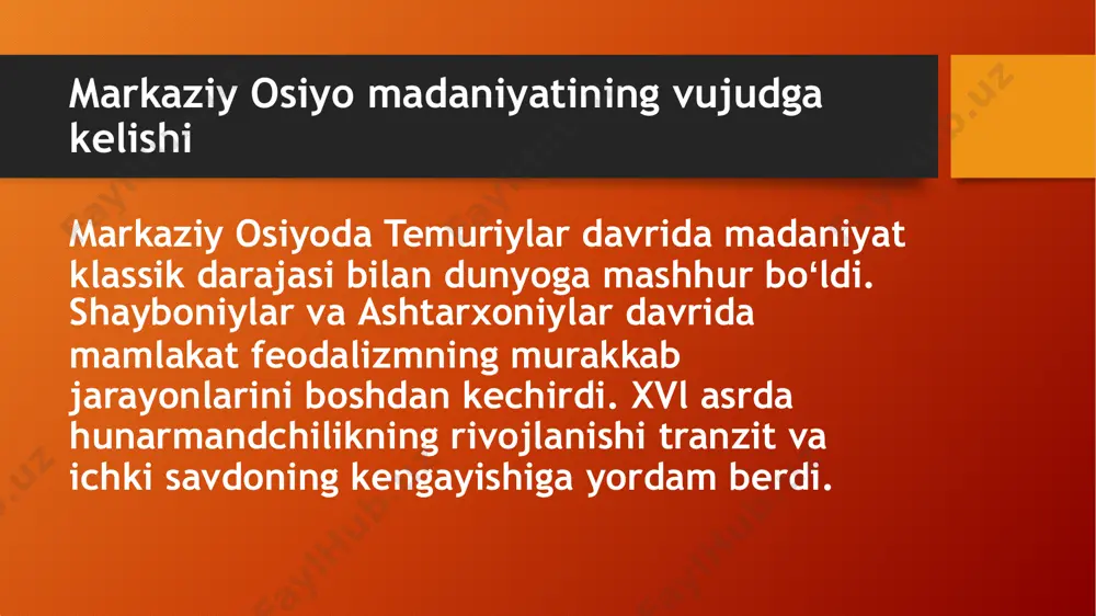 on 1000 dan ortiq ravot va sardoba, koʻplab madrasa, masjid,koʻprik, suv omborlari qurdirgan. ilm-fan. shayboniylar davrida fan va madaniyat sezilarli darajada rivojlangan. bunga ushbu sulola hukmdorlari orasidan oʻz davrining yetuk ilm-fan arboblari yetishib chiqqanligi ham ta’sir koʻrsatgan. madrasada uch bosqichli ta’lim joriy etilgan boʻlib,uning har bir bosqichida 7 yildan oʻqilardi. shunday qilib, oʻqish 21 yil davom etardi. oʻquvchilar ilohiyot ilmidan, hisob- kitobdan,handasa,fiqh, mantiq,musiqa va sher sanʼatidan ilm egallaganlar. amir umarxon va uning xotini nodirabegim rahnamoligi ostida xonlikda ilm, madaniyat va sanat gullab yashnaydi.bu hukmdorlar qoʻqonda maxmur, amiriy, gulxaniy kabi oʻsha davrning eng taniqli shoirlari mansub boʻlgan adabiy muhitni tashkil etdilar. xviii asr boshida amir ubaydullaxon ii tomonidan hokimiyatni oʻz qoʻliga olishga intilishi buxoro amirligida oʻzaro kelishmovchiliklarni yuzaga keltirib chiqardi. bu fargʻona qabilalarining,ayniqsa, ming qabilasi boshliqlarini faolligini oshirishga sabab boʻldi. qoʻqon xonligida madaniyat ham rivojlanib bordi. shahar va qishloqlarda koʻplab maktab,madrasa va masjidlar qurilib yoshlar oʻqitilgan. qoʻqonda 120 ta maktab, 40 …