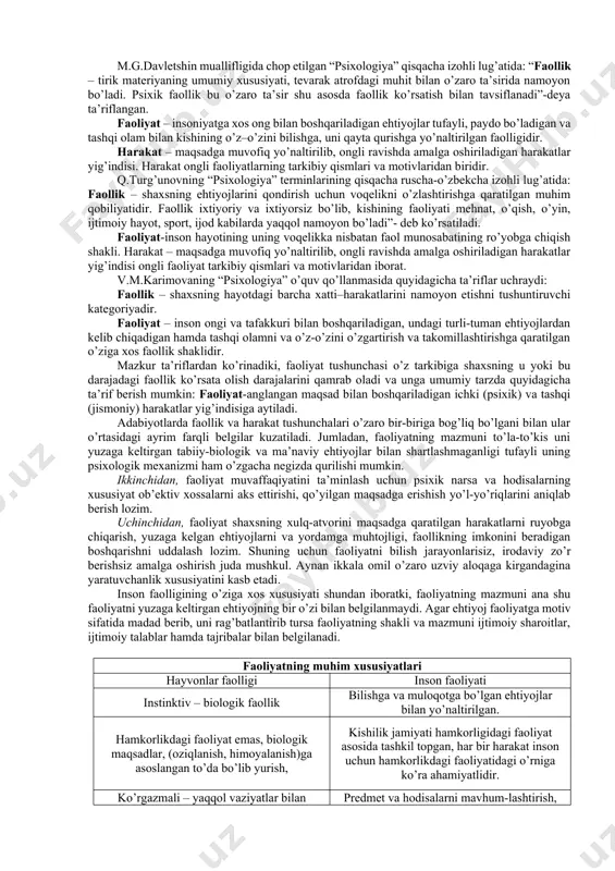 lozim. shunga ko’ra adabiyotlarda mazkur tushunchalarga berilgan ta’riflarga asosiy e’tiborni qaratish lozim. a.v.petrovskiy tahriri ostida chiqqan “umumiy psixologiya” darsligida: “faoliyat – kishining anglangan maqsad bilan boshqarilib turiladigan ichki (psixik) va tashqi (jismoniy) faolligidir” –deb ta’riflanadi. m.g.davletshin muallifligida chop etilgan “psixologiya” qisqacha izohli lug’atida: “faollik – tirik materiyaning umumiy xususiyati, tevarak atrofdagi muhit bilan o’zaro ta’sirida namoyon bo’ladi. psixik faollik bu o’zaro ta’sir shu asosda faollik ko’rsatish bilan tavsiflanadi”-deya ta’riflangan. faoliyat – insoniyatga xos ong bilan boshqariladigan ehtiyojlar tufayli, paydo bo’ladigan va tashqi olam bilan kishining o’z–o’zini bilishga, uni qayta qurishga yo’naltirilgan faolligidir. harakat – maqsadga muvofiq yo’naltirilib, ongli ravishda amalga oshiriladigan harakatlar yig’indisi. harakat ongli faoliyatlarning tarkibiy qismlari va motivlaridan biridir. q.turg’unovning “psixologiya” terminlarining qisqacha ruscha-o’zbekcha izohli lug’atida: faollik – shaxsning ehtiyojlarini qondirish uchun voqelikni o’zlashtirishga qaratilgan muhim qobiliyatidir. faollik ixtiyoriy va ixtiyorsiz bo’lib, kishining faoliyati mehnat, o’qish, o’yin, ijtimoiy hayot, sport, ijod kabilarda yaqqol namoyon bo’ladi”- deb ko’rsatiladi. faoliyat-inson …