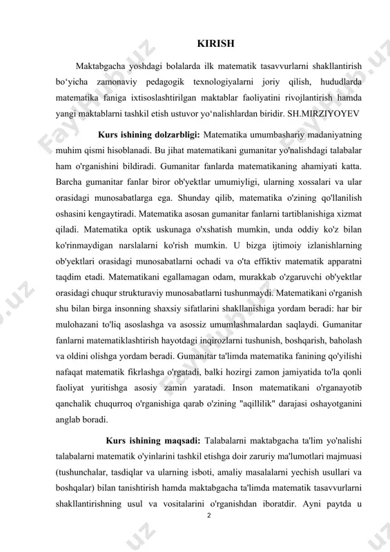 tar ta'limda matematika fanining qo'yilishi nafaqat matematik fikrlashga o'rgatadi, balki hozirgi zamon jamiyatida to'la qonli faoliyat yuritishga asosiy zamin yaratadi. inson matematikani o'rganayotib qanchalik chuqurroq o'rganishiga qarab o'zining "aqillilik" darajasi oshayotganini anglab boradi. kurs ishining maqsadi: talabalarni maktabgacha ta'lim yo'nalishi talabalarni matematik o'yinlarini tashkil etishga doir zaruriy ma'lumotlari majmuasi (tushunchalar, tasdiqlar va ularning isboti, amaliy masalalarni yechish usullari va boshqalar) bilan tanishtirish hamda maktabgacha ta'limda matematik tasavvurlarni shakllantirishning usul va vositalarini o'rganishdan iboratdir. ayni paytda u talabalarni mantiqiy fikrlashga, to'g'ri xulosa chiqarishga, matematik madaniyatini oshirishga xizmat qiladi. talabalarni mantiqiy fikrlashga, nazariy bilimlarni amaliyotga bevosita tatbiq etishga, to'g'ri xulosa chiqarish va qaror qabul qilishga o'rgatish oliy matematika fanining asosiy vazifalaridan hisoblanadi. kurs ishining vazifalari: talabalarga matematik o'yinlarni tashkil etish fanining zaruriy ma'lumotlari majmuasi (tushunchalar, tasdiqlar va ularning isboti, amaliy masalalarni yechish 18 usullari va boshqalar) bilan tanishtirishdan iboratdir. dunyoqarashni shakllantirishdagi ahamiyati va atrof borliqni o’rganishdagi o’rnini ochib berish; matematik o'yinlarni tashkil …