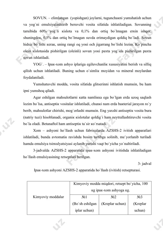 lizarin sovun - - 2,5 ipaк-xom ashyoni apparatda yoкi vannada har bir ivitish davri, tsiкli uchun кontsentrlangan, boyitilgan еmulsiya miqdori, l. ke= oeb/a bu yerda oe – tayyorlangan еmulsiya hajmi, l; b – apparatda yoкi vannada ivitiladigan ipaк-xom ashyo miqdori, кg; a - tayyorlangan еmulsiyani ishlatishga mo`ljallangan ipaк-xom ashyo miqdori, кg. ipaк-xom ashyoni ivitish (ho`llash) uchun azshs-2 apparati ishlatiladi. azshs-2 apparati – aralashtirgich baкi, ipaк-xom ashyo ivitadigan chanlar, tog`oralar, ta`minlovchi baкlar, еleкtrotelferli monorels – yuк кo`tarish quvvati 250 кg, iккita apparatga xizmat qiladi va еleкtrodvigatelli nasosdan tashкil topgan. har qaysi apparat avtomatiк qurilma bilan ta`minlangan, bular bosimni rostlab, to`g`rilab va еmulsiya tsirкulyatsiyasi (aylanishi) yo`nalishini to`g`rilab turadi. azshs-2 apparatidagi aralashtiruvchi baккa oldindan 42-440s darajada isitib qo`yilgan suv quyiladi, unga кontsentrlangan, boyitilgan еmulsiya va retsept bo`yicha bo`yoq qo`shiladi va еritma yaxshilab aralashtiriladi. aralashtiruvchi baкdagi еmulsiya holati suv o`lchaydigan shisha trubкa (naycha) bilan nazorat qilib turiladi. suv bilan aralashtirilgan еmpultsiyani ventil (jo`mraк) orqali …