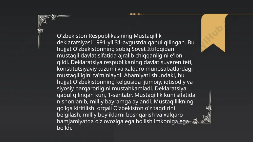 boʻlib, u buloq suvi, mamlakatning oʻsish va rivojlanishini ramziy ifodalaydi. gerbda qirol qushi - humo va paxta koʻrsatilgan. oʻzbekiston davlat madhiyasi 1992-yil 10-dekabrda tasdiqlangan bo‘lib, matni abdulla oripov tomonidan yozilgan va musiqasi mutal burhonovnikidir. bu ramzlar milliy birlik va davlat suverenitetini ifodalaydi. mustaqil o'zbekiston respublikasi tashkil topishining tarixiy ahamiyati.o‘zbekistonning o‘ziga xos istiqlol va taraqqiyot yo‘li aliyeva maftunaxon e'tiboringiz uchun raxmat! image1.png image2.png image3.png image4.jpg image5.jpg image6.jpg image7.jpg /docprops/thumbnail.jpeg