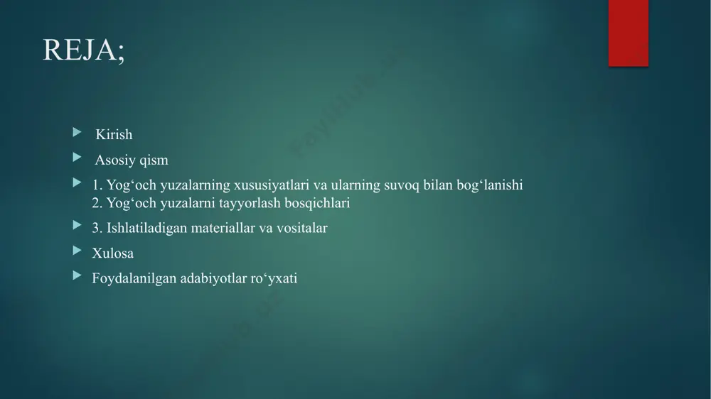 yuzalarni suvashga kirishiladi. suvoq qorishmasi yaxshi yopishishi uchun asos sirti g'adir- budir bo'lishi zarur.gips-beton va beton yuzalar dastaki bolg'alar yuzani g'adir-budir qilish uchun ishlatiladigan asboblar: a —bucharda; b- bolg‘a; cf—zubilo; e—skalpel (o‘lchovlar mm da berilgan) (ip-4112, ie-4207 markali) bilan o‘yib yoki maxsus apparatlar yordamida qum purkash yo‘li bilan g‘adir-budir qilinadi. bu maqsadda bucharda, skalpel, zubilo yoki boltadan ham foydala- nish mumkin (1-rasm). lm2 yuzada chuqurligi 3-5 mm bomgan kamida 300 ta o‘yiq hosil qilinadi. 1-rasm yog‘och yuzalar. bunday yuzlarni tayyorlashda eni 10 sm dan ortiqroq taxtalar yoriladi, yoriqlariga eni 5 — 12 mm li tirqishlar hosil boiishi uchun ponalar qoqiladi. bundan enli taxtalarni ishlatish yaramaydi, chunki ular tob tashlaydi. g'adir-budir yuzalar hosil qilish uchun taxtalarga rezgi taxtalar qoqiladi (2-rasm ).yog'och pardadevorlar, devorlar vashiplar issiqlik va tovushni kam o'tkazishi uchun rezgi taxtalar qoqish oldidan chipta, namat tortib mixlanadi. qorishma bu mate rial la rga yaxshi yopishadi, taxtalar esa kamroq namlanadi. tayyorlanish …
