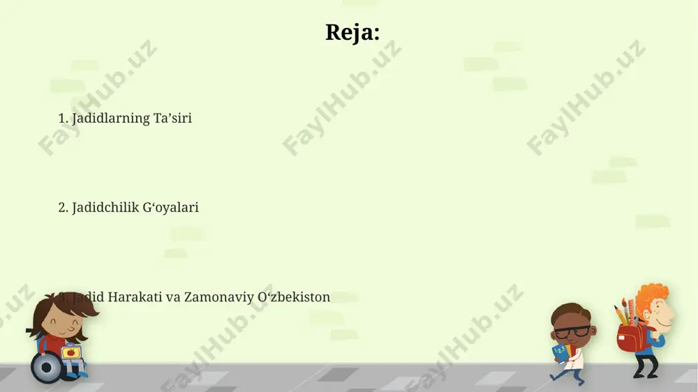ni mahalliy aholi orasida ruslashtirish va imperiya nazoratini kuchaytirish vositasi sifatida ko'rishgan. jadidchilik harakatining zamonaviy ahamiyati jadidlarning demokratiya va inson huquqlari gʻoyalarini targʻib qilishi, bugungi kunda 5tadan ortiq markaziy osiyo mamlakatlarida demokratiya va inson huquqlari himoyachilari uchun muhim ahamiyatga ega boʻlgan tarixiy merosdir. jadidlarning milliy ong va madaniy uygʻonishga qaratilgan saʼy-harakatlari, 21-asrda oʻzbekiston kabi mamlakatlarda milliy til va adabiyotning rivojlanishiga ilhom manbai boʻlib xizmat qilmoqda. jadidchilik harakatining gʻoyalari, 20-asr boshlarida turkiston, qozogʻiston va qirgʻizistonda 100 dan ortiq yangi maktablar ochilishiga sabab boʻlib, zamonaviy taʼlim tizimining rivojlanishiga katta hissa qoʻshdi. ayollar maqomining koʻtarilishi farg'ona vodiysida ayol huquqlari himoyachilari tomonidan 5 dan ortiq jamoat tashkilotlari tashkil etildi, bu ayollarga tibbiy yordam ko'rsatish va kasb-hunar o'rgatishga imkon berdi, ularning iqtisodiy mustaqilligini ta'minladi. jadidchilar harakati davrida, 1900-yillar boshlarida toshkent va samarqand kabi yirik shaharlarda qizlar uchun yangi maktablar ochildi, bu ayollarning savodxonlik darajasini 15% ga oshirishga yordam berdi. "oila va jamiyat" mavzusidagi ma'ruzalar va …