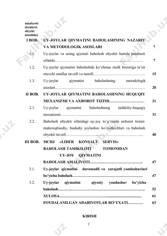 ladi. shu o’rinda e’tirof etish kerakki, respublikamiz prezidenti va hukumati tomonidan ko’chmas mulkni baholash, mulkni davlat tasrrufidan chiqarish, fuqarolarimizning mulkka bo’lgan loqayd qarashlarini tubdan o’zgartirish, mulkka egalik qilish, foydalanish va tasrruf etishdagi iqtisodiy va huquqiy savodxonligini oshirishga mustaqilligimizning dastlabki yillaridanoq alohida e’tibor qaratib kelinayotganligini davlatimiz tanlagan bozor iqtisodiyotiga o’tish modeli naqadar oqilona va uzoqni ko’zlagan dastur ekanligini tasdiqladi. hozirgi kunda mulkchilik munosabatlarining o‘zgarishi va xususiy mulkning vujudga kelishi barcha mulk turlari bo’yicha, jumladan ko‘chmas mulk qiymatini baholash faoliyatining rivojlantirish muhim ahamiyat kasb etmoqda. shu bilan birga ko‘chmas mulk bozori va uning qiymatini baholash xizmatlari bozori jadal sur’atlar bilan rivojlanib, ular o‘zaro bog‘liqlikda tobora takomillashib bormoqda. bugungi kunda davlatimiz tomonidan olib borilayotgan islohotlardan ko‘chmas mulk qiymatini baholash, jamiyatda xususiy mulkni rolini oshirish, mulkchilik tizimini yanada rivojlantirish bo’yicha bir qancha me’yoriy-huquqiy baza yaratilib, isloh etib borilmoqda. jumladan o‘zbekiston respublikasi prezidentining “baholash xizmatlari bozorini yanada rivojlantirishning chora-tadbirlari to‘g‘risida” 2018-yil 1-iyundagi pq-3764-sonli qarori yuqoridagi …