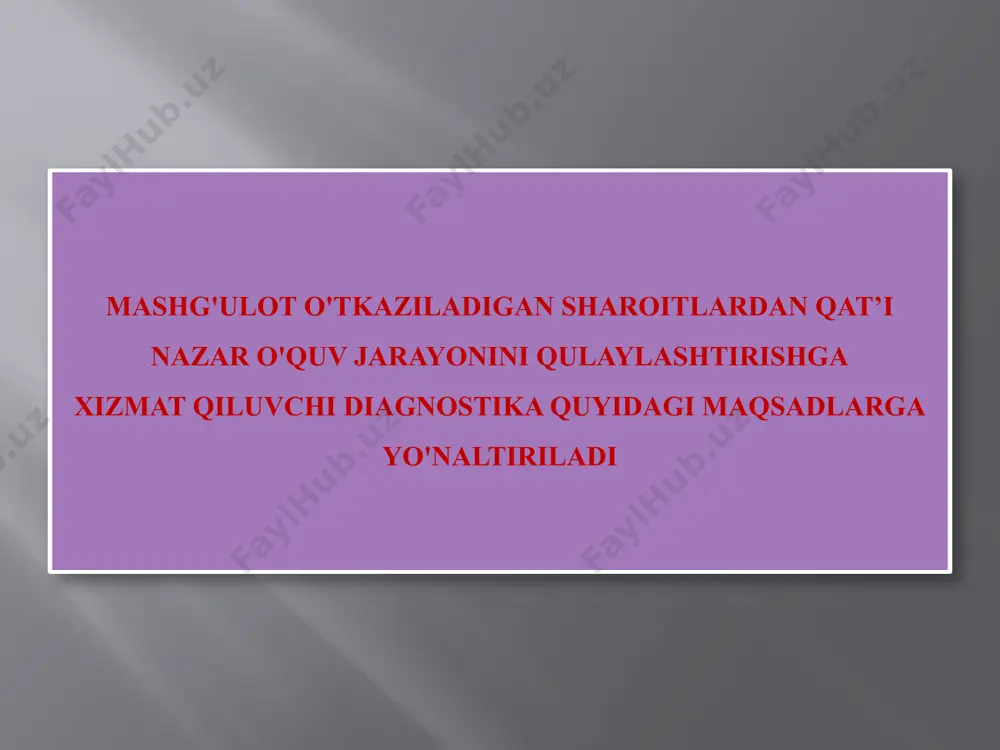 o aloqa, o’zgarishlarga holisona yondashishni ifodalaydi. aniqlik diagnostikaning barcha muolajalari uchun tegishlidir: pedagogik hodisa va jarayonlarni kuzatish va qayd etish; fikrlar tahlili va umumlashmasi; turli manbalardan olingan ilmiy axborotlardan foydalanish va boshqalar. pedagogik diagnostikada izchillik tadqiq qilinayotgan tanlamalarning bir xilligida, tadqiqot mantiqiga amal qilishga, shart-sharoitlarni hisobga olishda namoyon bo’ladi. tizimlilik o’rganilayotgan hodisa va jarayonlarni biror belgilari asosida tasniflash, tasawurlar, tushunchalar va qonuniy aloqalami o’matish, konsepsiyalar, nazariyalami shakllantirish orqali muayyan tartibga solish jarayoni tanqidiylik o’rganilayotgan muammoga turli nuqtai nazardan baho bera olish, tajriba natijalarining haqqoniyligini ta’minlash bilan farazlar va nazariyalarni uzluksiz tekshirib borish, mabodo, olingan ma’lumot yangi natijalarga mos kelmasa, ulardan voz kechish xususiyati bilan tavsiflanadi. e`tiboringiz uchun raxmat image2.png /docprops/thumbnail.jpeg