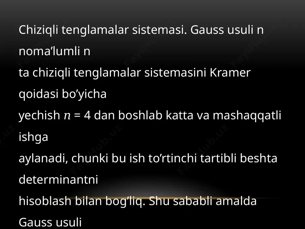 i (int raqamlar summasiq). funksiya bitta butun turdagi n parametriga, yani raqamlar yig‘indisi hisoblanishi zarur bo'lgan songa ega. funksiya tanasida dastlab n soni manfiylilcka tekshiriladi va u m anfiy b oisa n ning qiymati qarama-qarshi songa aylantiriladi. shundan key in, toki n nolga teng bo‘lmaguncha n sonini 10 ga bo‘ lishdagi qoldig'i s o ‘zgaruvchigayig‘iladi, n o‘zgaruvchining yangi qiym ati n/10 bominmaning butun qismi bo‘ladi. funksiya natija sifatida s qiymatni qaytaradi. darajalari n va m boelganko‘phadlarm ko‘paytirísh natijasida rs+m darajali ko‘phad hosi! b o ‘ladi: c^x"™ + c^x ™ 1 + ... + c,x +c0. asosi bir xil darayali sonlami ko‘paytirganda ulaming darajalari qo‘shilishi xessasidan foydalangati holda rnos koeffisentlar topiladi: sn =j]ai'*bj . har bir k o ‘phadning ozod hadini inobatga oigan holda, ular uchurt ajratiladigan massivlar o‘ ichami mos ko‘phad darajasidan bittaga ortiq bolishi kerak. image3.tmp image4.jpg image5.tmp image6.tmp image7.tmp image8.tmp image9.tmp image1.png /docprops/thumbnail.jpeg
