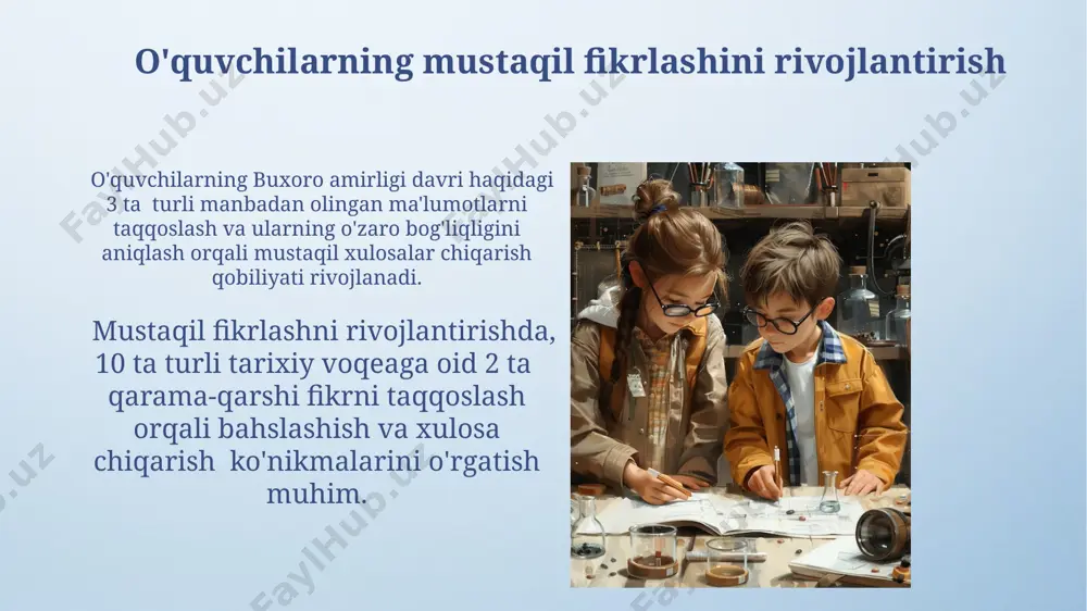 lanadigan yakuniy testlar orqali o‘quvchilarning bilim va ko‘nikmalarini baholash tizimi qo‘llanilishi kerak. tarix darslarida innovatsion yondashuvlar tarix darslarida o'quvchilarning faol ishtirokini ta'minlash uchun 21-asr ko'nikmalarini, masalan, tanqidiy fikrlash va muammo yechishni rivojlantiruvchi 5 ta loyiha uslubidan foydalanish samarqanddagi maktablarda samarali bo'ldi. o'zbekistonning mustaqillik davri tarixini o'qitishda 3d modellashtirish va virtual sayohatlar kabi zamonaviy texnologiyalarni qo'llash, 1000 dan ortiq o'quvchilarning tarixga bo'lgan qiziqishini sezilarli darajada oshirdi. interaktiv o'qitish usullari va ularning ahamiyati "kim bu?" o'yini kabi interaktiv testlar, 10 ta savollar orqali toshkentdagi tarixiy shaxslar haqidagi bilimlarni tekshirishda va ularning hissasi haqida muhokama yuritishda, o'quvchilarning faol ishtirokini ta'minlaydi. o'zbekistonning 1991 yildan keyingi tarixini o'rgatishda, 20 nafar o'quvchi bilan "debating" metodi orqali, turli nuqtai nazarlarni muhokama qilish va tanqidiy fikrlashni rivojlantirish mumkin, bu esa chuqurroq tushunishni ta'minlaydi. darsni rejalashtirish va o'tkazishning zamonaviy metodikasi zamonaviy metodika 3 bosqichli dars tuzilmasini (taqdimot, mustaqil ishlash, umumlashtirish) va interfaol uslublarni (masalan, munozara, 5 ta savol usuli) …