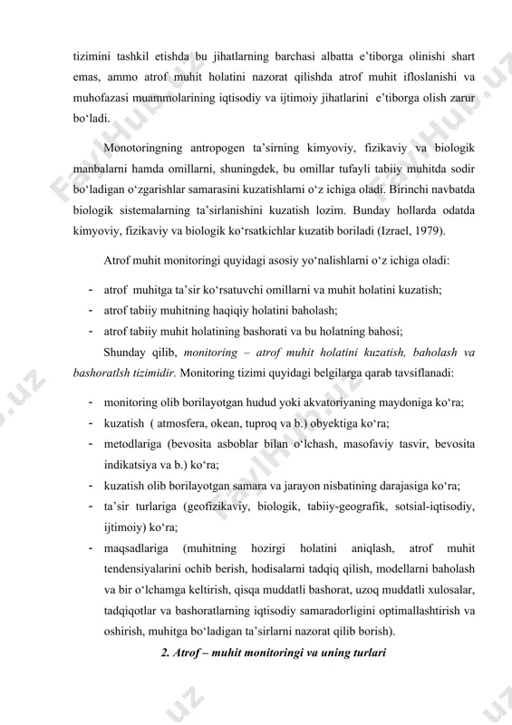 ashtirish va oshirish, muhitga bo‘ladigan ta’sirlarni nazorat qilib borish). 2. atrof – muhit monitoringi va uning turlari akademik i. p. gerasimov tomonidan monitoring tashkil qi-lishning bioekologik, geoekologik va biosfera bosqichlari ajratilgan. bioekologik monitoring bosqichi yoki pog'onasida atrof-muhitning ifloslanishi uning inson salomatligiga ta'siri nuqtayi nazaridan kuzatiladi. mazkur pog'onada odamlarning kasallanishi, o'lim, tug'ilish, uzoq umr ko'rish va boshqa ma'lumotlardan foydalaniladi. bu ma'lumotlar insonning atrof-muhit o'zgarishiga aks ta'siri hisoblanadi. ushbu bosqichda monitoring kuzatish shoxobchalari va sanitariya-gigiyena xizmati ma'lumotlariga tayanib, ish ko'riladi.bioekologik monitoring inson salomatligi uchun zararli bo'lgan chiqindi va moddalar bo'yicha kuzatishni tashkil qiladi. geoekologik (geotizimli) monitoring bosqichi yoki pog'onasida asosan tabiiy-hududiy, tabiiy-texnogen va demografik (aholi) geotizimlari kuzatiladi va nazorat qilinadijviazkur bosqich (pog'ona) uchun tabiatni ifloslantiruvchi moddalarning ruxsat etilgan miqdori va tabiiy komplekslarning (geotizimlarning) o'z-o'zini tozalash qobiliyati haqidagi ma'lumotlar muhim hisoblanadi. kuzatishlar geografik statsionarlarda, maxsus zonal yoki mintaqaviy poligonlarda olib boriladi. geotizimli monitoringni amalga oshirishda hududda havo, suv, tuproq, o'simlik, hayvonot dunyosi, inson …