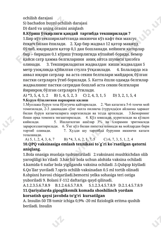 mada shoshilinch yordam korsatish qaysi javobda to’g’ri kursatilgan a. insulin-50 tb tomir ichiga 0,9% -20 ml fiziologik eritma qushib beriladi. insulin 50tb teri ostiga; keyinchalik xushsizlik xolati davom etaversa insulinii 20-30 tb teri ostiga xar 2 soatda yuborish mumkin. insulin bilan bir vaqtda 20-30 ml 40% li glyukoza eritmasidan tomirga yuboriladi. natriy xlor 0,9% - 500 ml tomir ichiga 25 g natriy bikarbonat, 100 g fiziologik eritma) xukna (klizma) qilinadi. b. insulin 50 tb teri ostiga;atropin sulfat. 0,1% li eritmasi 0,25-1 ml dan teri ostiga inyeksiya qilinadi. analgin 50% -2 ml muskullar orasiga .papaverin gidroxlorid 2%-1-2 ml muskullar orasiga platifillin gidrotartrat 0,2% li eritmasi 1 -2 ml dan teri ostiga yuboriladi. no-shpa 2.0 tomir ichiga yuboriladi c . tinchlik.. dibazol. 1% li 4-6-10 ml tomir ichiga yuboriladi yoki 5 ml eritmasi muskul orasiga yuboriladi. aminazin. 2,5% li eritmasi 1-5 ml dan muskullar orasiga inyeksiya qilinadi. platifillin gidrotartrat 0,2% li eritmasi …