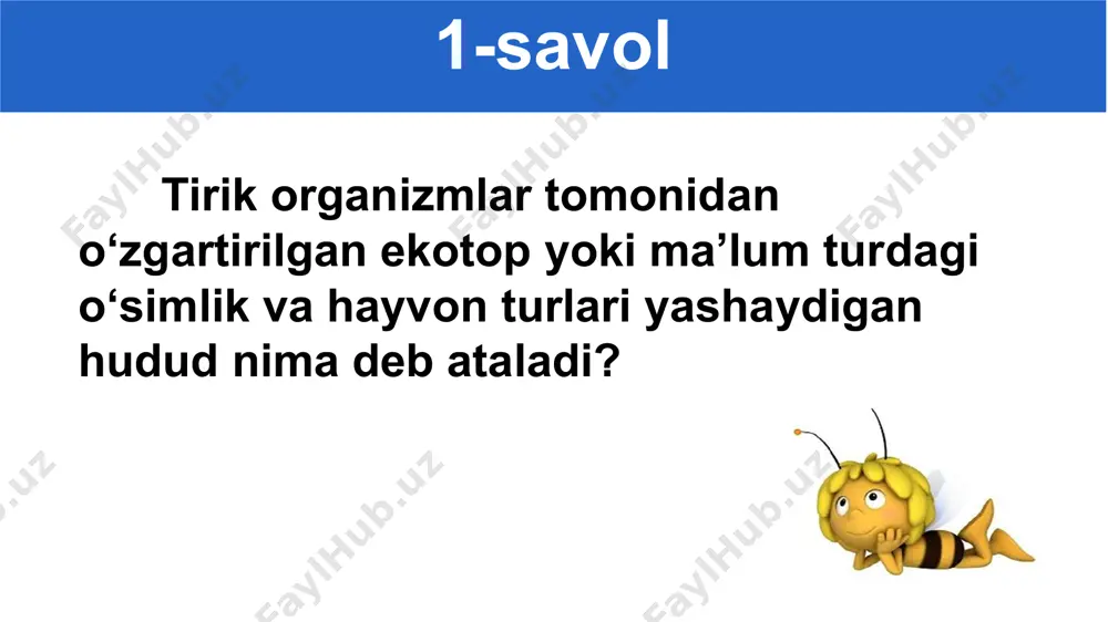 d-ning kamligi yorug‘likni kam o‘tkazish havo harorati 10°c ga ko‘tarilganda, suv harorati faqat 1°c ga ko‘tariladi; suv qa’rida harorat nisbatan doimiy, +4°c atrofida; suv havzasining eng yuza qismida sutkalik va mavsumiy harorat o‘zgarishi 0 dan +36°c gacha bo‘lishi mumkin. gidrofitlarga xos xususiyatlar mexanik, o‘tkazuvchi to‘qima kuchsiz ildiz tizimi kuchsiz ildiz tukchalari yo‘q aerenxima rivojlangan chang donachalari, mevasi, urug‘larida maxsus qobiq bor suv yordamida tarqaladi suv muhitida yashovchi organizmlar quyidagi ekologik guruhlarga ajratiladi: plankton nekton bentos planktonlar sodda hayvonlar, bo‘shliqichlilar, mayda qisqichbaqa-simonlar, baliq tuxumlari va chavoqlari nektonlar boshoyoqli molluskalar, baliqlar, kitsimonlar, kurakoyoqlilar. bentoslar chig‘anoq (molluskalar), qisqichbaqa, krab, omar, langustlar, zuluklar, skat, kambala, lansetnik, dengiz halqali chuvalchanglari darslikda berilgan mavzuni o‘qib o‘rganib, tushunchalarni tahlil qiling uyga vazifa image1.png image2.png image3.jpg image4.png image5.png image6.png image7.png image8.png image9.png image10.png image11.png image12.png image13.png image14.png image15.png image16.png image17.png image18.png image19.png /docprops/thumbnail.jpeg