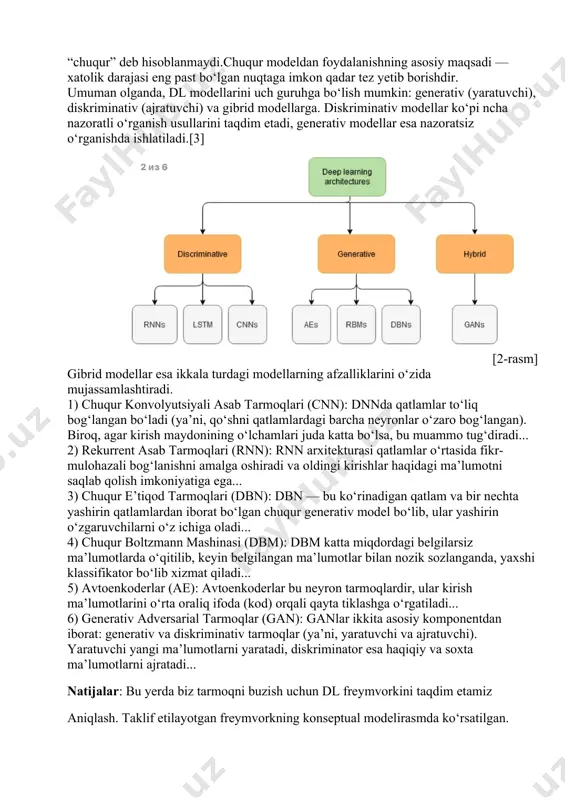 n xususiyatlar to‘plamida o‘rganiladi, bu esa xususiyatlar iyerarxiyasini hosil qiladi. shunga ko‘ra, ichki qatlamlar yanada murakkab xususiyatlarni aniqlay oladi, chunki ular oldingi qatlamlardagi xususiyatlarni yig‘adi va birlashtiradi. arxitekturalar sun’iy asab tarmog‘i (ann) — bu bir-biriga ulangan neyronlar tuzilmasining umumiy atamasidir, ular bir-biriga ma’lumot yuboradi. chuqur o‘rganish tarmoqlari (deep neural networks — dnn) odatiy bitta yashirin qatlamli neyron tarmoqlardan chuqurligi bilan farq qiladi; ya’ni bu tarmoqlarda ma’lumot bir necha bosqichli naqshni aniqlash jarayonida ko‘plab qatlamlar orqali o‘tadi. bitta yashirin qatlamli tarmoq “chuqur” deb hisoblanmaydi.chuqur modeldan foydalanishning asosiy maqsadi — xatolik darajasi eng past bo‘lgan nuqtaga imkon qadar tez yetib borishdir. umuman olganda, dl modellarini uch guruhga bo‘lish mumkin: generativ (yaratuvchi), diskriminativ (ajratuvchi) va gibrid modellarga. diskriminativ modellar ko‘pi ncha nazoratli o‘rganish usullarini taqdim etadi, generativ modellar esa nazoratsiz o‘rganishda ishlatiladi.[3] [2-rasm] gibrid modellar esa ikkala turdagi modellarning afzalliklarini o‘zida mujassamlashtiradi. 1) chuqur konvolyutsiyali asab tarmoqlari (cnn): dnnda qatlamlar to‘liq bog‘langan bo‘ladi …