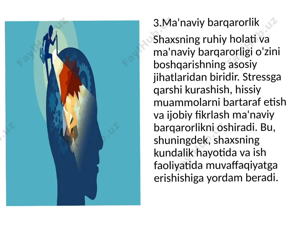 affaqiyatlarni baholash va kelajakdagi harakatlarni yaxshilash imkonini beradi. refleksiya (shuningdek, refleks [1]; lotincha reflexio „teskari“ dan) – bu ong, ruh, tafakkur yoxud insonning oʻzgarishi bilan bogʻliq boʻlgan turli xil hodisalar va tushunchalarni qamrab oluvchi tushuncha. uning mazmuni yevropa falsafasi va fani tarixi davomida sezilarli darajada oʻzgardi[2]. klassik yunonistonda aks ettirish bilan bogʻliq sezgilar allaqachon kuzatilgan boʻlsa, aqlning (intellektning) oʻz harakatlariga aylanishini tizimli koʻrib chiqish neoplatonistlardan boshlangan va sxolastik falsafada „ikkinchi niyatlar“ taʼlimotida rivojlangan. ushbu jihatlarni hisobga olgan holda, shaxsning funksional holatini psixologik o‘zini o‘zi boshqarish orqali yaxshilash mumkin. bu qobiliyat shaxsning hayotida muvaffaqiyatga erishish, stressni kamaytirish va umumiy ruhiy salomatlikni oshirishga yordam beradi. foydalanilgan adabiyotlar: 1. umumiy psixologiya- p.i.ivanov 2. shaxs psixologiyasi uslubiy oʻquv qoʻllanmasi-u.m.muxtorov 3.wikipediya image1.png image2.jpeg image3.jpeg image4.png image5.jpeg