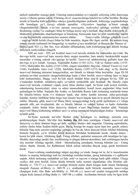 davviy, samarqand sayyidlari, al-xayzoxaziy, al-aqiliy, al-marg‘inoniy oilalari ilm va ijtimoiy hayotda kuchli mavvqega ega bo‘ldilar. ilm-fan rivojlandi. ko‘plab yirik olimlar etishib chiqdilar. yirik faqihlar sulolalari paydo bo‘ldi. bir necha avvloddan avvlodga ulanib davvom etgan faqihlar sulolalari nafaqat movarounnahr, balki butun islom olamida katta nufuzga ega edilar. umuman fiqh, xususan hanafiy mazhabining rivojlanish tarixida xi-xii asrlardagi movarounnahr faqihlarining ilmiy faoliyati juda muhim o‘rin tutadi. bu davvrda etishib chiqqan hanafiy faqihlaridan - ad-dabusiy abi zayd, al-halvo‘iy, abu bakr muhammad as-saraxsiy, al-pazdavviy ‘ali, as-sadr ash-shahid ‘umar, an-nasafiy ‘umar, alouddin as-samarqandiy, ibn moza mahmud, al-‘attobiy ahmad, al-kosoniy mas‘ud, qozixon va yuqorida zikr etilgan al-marg‘inoniy ‘ali kabi ma’lum va mashhur faqihlarning nomlarini keltirish mumkin. umuman olganda yuqorida bir necha davvrlar va ularda mavvjud bo‘lgan fiqh maktablari, bu maktablarda ilmiy faoliyat olib borgan mujtahidlar haqida qisman bo‘lsada tanishib chiqish va fiqh ilmining payg‘ambar s.a.v. davvrlaridan toki taqlid davvriga bo‘lgan tadrijiy rivojlanishini o‘rganish bizga: - vii-xii asrlardagi …