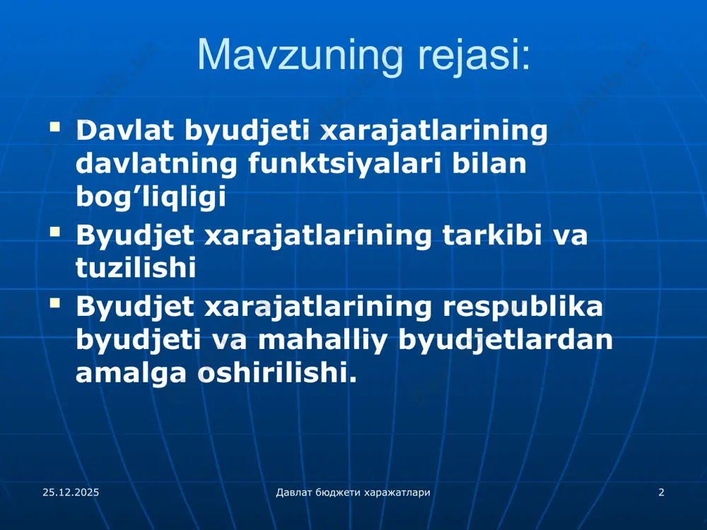 adigan korxonalar, tashkilotlar va muassasalarga investitsiyalar uchun mo’ljallangan xarajatlar kiradi. 06.10.2023 давлат бюджети харажатлари 6 davlat byudjeti xarajatlarining funktsional tayinlanishiga ko’ra guruhlari ijtimoiy soha va aholini ijtimoiy qo’llab-quvvatlash xarajatlari; nodavlat notijorat tashkilotlarini va fuqarolik jamiyatining boshqa institutlarini davlat tomonidan qo’llab-quvvatlash xarajatlari; iqtisodiyot xarajatlari; markazlashtirilgan investitsiyalarni moliyalashtirish xarajatlari; davlat hokimiyati va boshqaruvi organlarini saqlab turish xarajatlari; sudlarni, adliya va prokuratura organlarini saqlab turish xarajatlari; fuqarolarning o’zini o’zi boshqarish organlarini saqlab turish xarajatlari; o’r vazirlar mahkamasining, qr respublika byudjetining, viloyatlar viloyat byudjetlarining va toshkent shahri shahar byudjetining zaxira jamg’armalari boshqa xarajatlar. 06.10.2023 давлат бюджети харажатлари byudjet kodeksining: 70-moddasida - o’zbekiston respublikasi respublika byudjetining xarajatlari 71-moddasida -qoraqalpog’iston respublikasi respublika byudjetining, viloyatlar viloyat byudjetlarining va toshkent shahri shahar byudjetining xarajatlari 72-moddasida - tumanlar va shaharlar byudjetlarining xarajatlari tarkibi belgilab qo’yilgan 06.10.2023 давлат бюджети харажатлари 7 давлат бюджети харажатлари таркиби ва тузилиши кўрсаткичлар 2016 йил сумма % давлат бюджети харажатлари 42721,3 100 ижтимоий соҳа ва …