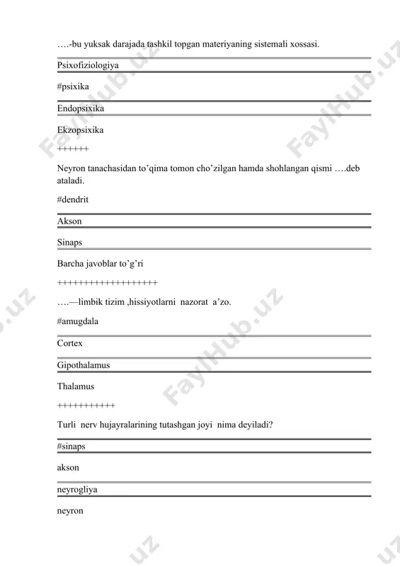 ing ko’pincha shoxlangan uzun o’simtasi bo’lib u tuzulishi va vazifasi jihatidan asab impluslarini miya tuzulmalariga va turli azolaga o’tkazishga moslashgan akson asab tizimining tuzulishi va ish bajarish birligini tashkil qiladi akson somasidan chiqadigan o’simtalari soniga qarab unipalyar multipayar turiga bo’linadi a va b javoblar to’g’ri +++++++++++++ sinapsning turlari…. kimyoviy va elect qo’zg’atuvchi va tormizlovchi neyronal va neyronlar aro #barcha javoblar to’g’ri ++++++++++++++++ ko’zlar ochilsa yoki aqliy faoliyat boshlansa qaysi ritm paydo bo’ladi ? alfa-ritm teta-ritm delta –ritm #beta-ritm +++++++++++ gamma ritmining chastotasi….hz #35 hz dan yuqori 15-35 hz 35 hz dan past 8-13 hz neyronning qaysi funksiyasi qayta ishlash vazifasini bajaradi? retseptiv f motor f #intigrativ +++++++++++ hujayra ichidagi suv molekulalarining harakatini aniqlashga imkon beradigan usul. #m r diffuziya m r perfuziya m r-spektroskopiya m r angiografiya ++++++++++++++++ tomirlarning bo’shlig’i tasvirini olish usuli. #magnit rezonans angiogriyafiyasi magnit-rezonans spektraskopiyasi mr perfuziya +++++++++++ turli kasalliklarda to’qimalarning biokimyoviy o’zgarishlarini aniqlash imkonini beradigan usul. …