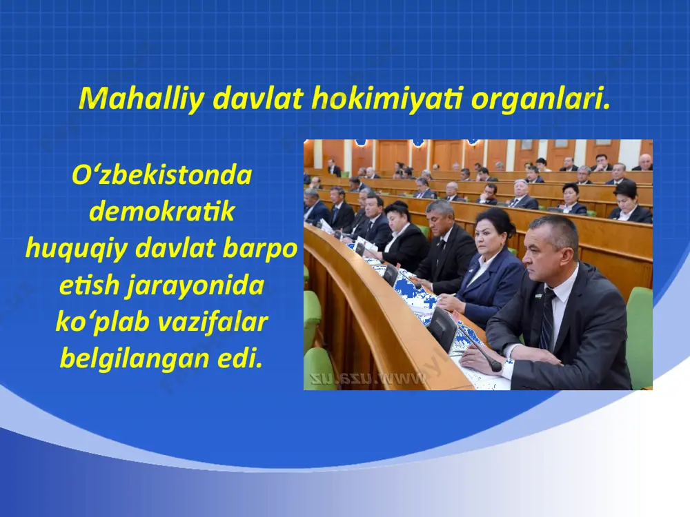 mustaqillik davrida tashkil topgan ilk siyosiy partiya bu – o‘zbekiston xalq demokratik partiyasidir. partiyaga 1991-yilning noyabrida asos solindi. xalq demokratik partiyasi belgisi mustaqillikning dastlabki yillarida tashkil topgan partiyalardan yana biri bu – o‘zbekiston “adolat” sotsial-demokratik partiyasidir. u 1995-yil fevralda tuzilgan. “adolat” sotsial-demokratik partiyasi belgisi mustaqillik yillarida tashkil topgan partiyalardan yana biri – bu o‘zbekiston milliy tiklanish demokratik partiyasidir. ushbu partiya 1995-yili iyunda tuzilgan. o‘zbekiston siyosiy tizimida o‘ziga xos o‘ringa ega bo‘lib ulgurgan o‘zbekiston liberal-demokratik partiyasi (o‘zlidep) 2003-yil noyabrda tashkil topgan. o‘zbekiston ekologik harakati. o‘zbekiston ekologik harakati o‘z faoliyatini fuqarolarning hozirgi va kelgusi avlodi qulay atrof-muhit sharoitida yashashi, aholi salomatligini yaxshilash, barcha tabiiy resurslarni muhofaza qilish jarayonlarini yanada chuqurlashtirishda jamiyatning bor kuch va salohiyatini safarbar qilishga qaratgan. o‘zbekiston ekologik harakati 2008-yil avgustda tashkil topgan. savol va topshiriqlar: 1. mahalliy davlat hokimiyati organlarini sanang. ular o‘z faoliyatini qaysi qonunlar asosida yuritadi? 2. saylov tizimidagi so‘nggi o‘zgarishlar haqida nimalarni bilasiz? 3. mahalliy hokimiyat …