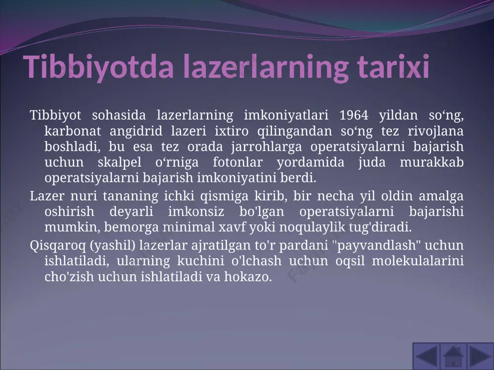 gi davr sanoat lazerlarining paydo bo'lishi bilan jarrohlikda yangi davr boshlandi. shu bilan birga, metallni lazer bilan qayta ishlash bo'yicha mutaxassislarning tajribasi foydali bo'ldi. ko'zning eksfoliatsiyalangan to'r pardasini lazer bilan payvandlash - nuqta payvandlash; lazerli skalpel - avtogen kesish; suyakni payvandlash - termoyadroviy payvandlash; mushak to'qimalarining ulanishi ham kontaktli payvandlashdir. jarrohlikdagi lazerlar jarrohlikda o'rtacha nurlanish kuchi o'nlab vatt bo'lgan etarlicha kuchli lazerlar qo'llaniladi, ular biologik to'qimalarni kuchli isitishga qodir, bu esa uning kesilishi yoki bug'lanishiga olib keladi. jarrohlik lazerlarining ushbu va boshqa xususiyatlari turli xil lazerli faol muhitlarda ishlaydigan har xil turdagi jarrohlik lazerlarini jarrohlikda qo'llashni aniqlaydi . lazer nurlarining o'ziga xos xususiyatlari yangi samarali va minimal invaziv usullar bilan ilgari imkonsiz operatsiyalarni bajarishga imkon beradi. jarrohlik lazer tizimlari quyidagilarni ta'minlaydi: biologik to'qimalarning samarali aloqa va kontaktsiz bug'lanishi va yo'q qilinishi ; quruq ish maydoni; atrofdagi to'qimalarga minimal zarar; samarali gemo- va aerostaz ; limfa yo'llarining yengilligi; yuqori sterillik va …