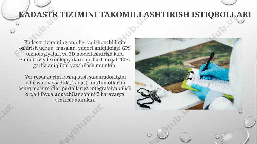 tri, davlatning 5 yillik rejalari doirasida, resurslarni samarali boshqarish va ekologik muhofazani ta'minlash uchun muhim ahamiyatga ega bo'lgan, milliy darajadagi axborot tizimi hisoblanadi. suv resurslari kadastri kadastr tizimi, 1:50 000 va 1:10 000 shkalali xaritalarni, sun'iy yo'ldosh tasvirlarini va geografik axborot tizimlarini (gaxs) o'z ichiga olgan turli xil ma'lumotlar manbalaridan foydalanadi. suv resurslari kadastri, suv iste'moli va ifloslanish darajasi bo'yicha 5 yillik davriy hisobotlarni taqdim etib, suv resurslarini boshqarish va muhofazasi uchun muhim ma'lumotlarni ta'minlaydi. kadastrning asosiy vazifalari kadastrning muhim vazifalaridan biri, tabiiy resurslardan oqilona foydalanishni ta'minlash uchun 30 yildan ortiq muddatga mo'ljallangan prognozlarni ishlab chiqish va ularni har 5 yilda yangilab borish hisoblanadi. tabiiy resurslar kadastri yer uchastkalarini aniq chegaralash va 1:5000, 1:10000 shkalalarida aniq xaritalarni yaratish orqali 200 dan ortiq yer uchastkalarining ma'lumotlar bazasini shakllantirish vazifasini o'z zimmasiga oladi. hayvonot dunyosi resurslari kadastri kadastr ma'lumotlari, 5 yillik davrda amalga oshiriladigan monitoring natijalari bilan to'ldirilib, tabiiy resurslarning holatini kuzatish …