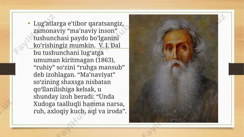 ning tarixi va taqdiriga loqayd qaraydigan insonning komilligi haqida so’z bo’lishi mumkin emas. prezidentimizning «elim deb, yurtim deb, yonib yashash kerak», degan da’vati negizida ana shunday buyuk g’oya yotadi. inson kamolotida oilaning roli beqiyos katta ekanligi ma’lum. «o’zbeklarning aksariyati, — deb yozadi i. a. karimov, — o’zining shaxsiy farovonligi to’g’risida emas, balki oilasining, qarindosh urug’lari va yaqin odamlarining, qo’shnilarining omon esonligi to’g’risida g’amxo’rlik qilishni birinchi o’ringa qo’yadi. bu esa eng oliy darajada ma’naviy qadriyat, inson qalbining gavharidir (“o‘zbekiston xxi asr bo‘sag‘asida”, 47bet). e’tiboringgiz uchun rahmat image5.png image6.png image7.jpeg image8.jpeg image9.jpeg image10.jpeg image11.jpeg image12.jpeg image3.png image4.png