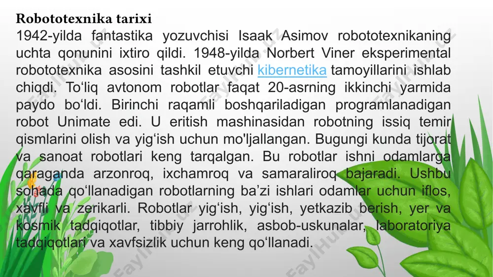 ga yetdi – intellektual robotlar yaratish bosqichi. intellektual robot – bu konkret maqsadda ishlatiladigan robot bo‘lib, funksional sistemalarida sun’iy intellekt metodlaridan foydalaniladi. bu esa robot texnikasidan foydalanish doirasini kengaytirib, inson faoliyatining har qaysi sohasida ishlatiladi. shu bilan birga robototexnikaning yana bir yangi maxsus sohasida ishlar olib borildi. bu ishlar inson oyoq va qo‘li faoliyatiga o‘xshash qadamlab yuruvchi mashinalarni yaratish bilan bog‘liq. bu mashinalar prinsipial yangi turdagi transport turi bo‘lib, oddiy mashina o‘ta olmaydigan joylarda yura oladi. to‘rt va olti oyoqli transport vositalari yaratilyapti. bundan tashqari inson qo‘li va oyog‘i protezlari (ekzoskeletlar) ishlab chiqilyapti. bular haqida pastroqda tanishib olamiz. xx asr oxirida robot-androidlarga qiziqish kuchaydi. hozirgi robot-androidlar zinapoyaga chiqa oladi, boshqa to‘siqlardan o‘ta oladi, murakkab manipulyatsiyalarni bajaradi va hattoki, inson bilan dialog qila oladi. ular uy ishlarini bajara oladi, gid yoki ekskursovod vazifasini bajaradi va h.k. robototexnikani intellektuallashtirish bilan birga uning rivojlanishining boshqa yo‘nalishi mavjud. bu robotlarni miniatyurlashtirishdir. bu ikkita yo‘nalish …