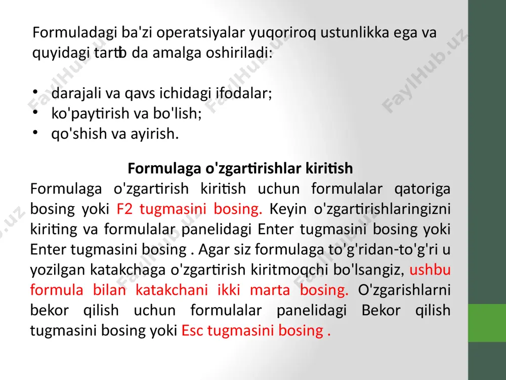 ufakchali diagrammalar — tarqalish sxemasining bir turi boʻlib , unda maʼlumotlar nuqtalari pufakchalar bilan almashtiriladi, ularning oʻlchamlari qoʻshimcha (uchinchi) maʼlumotlar oʻlchovi boʻlib xizmat qiladi ; birja jadvallari - stavkalar bo'yicha uch, to'rt, besh qiymatli ma'lumotlar to'plamini ko'rsatadi; silindrsimon - silindr shaklida ustunli gistogrammalar (vertikal va gorizontal); konus - konus shaklida gistogrammalar (vertikal va gorizontal); piramidal - piramidalar ko'rinishidagi ustunli gistogrammalar (vertikal va gorizontal); nostandart; nostandart diagrammalar - standart sxemalarning turli badiiy yechimlari, ularni birlashtirish • ctrl + backspace - faol katakka qaytish (aylantirishda); • ctrl + page up – kitobning oldingi varag‘iga o‘tish; • ctrl + page down – kitobning keyingi varag‘iga o‘tish; • ctrl + tab - ochiq kitoblar o'rtasida almashish; • ctrl + space(пробел) - joriy ustunni ajratib ko'rsatish; • shift + space(пробел) - joriy qatorni ajratib ko'rsatish; • ctrl + a - joriy hududni tanlash; • ctrl + end - varaqning oxirgi katagiga o'tish; • ctrl + …