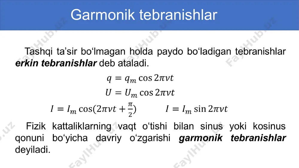 chun tebranish konturiga qanday kattalikdagi induktivlik ulash lozim? berilgan: formulasi: topish kerak: yechish: javob: 1-test 72-bet tebtanishkonturidagikondensatordaelektrzaryadi∙ qonuniyat bo‘yichao‘zgarmoqda. konturdahosilbo‘layotganelektromagnittebranishlarchastotasini toping. a) 100 hz b) 100 hz c) 50 hz d) 50 hz yechish: javob: c) 50 hz 2-test 72-bet tebranishkonturidagikondensatordaelektrzaryadiqonuniyatbo‘yichao‘zgarmoqda. konturdahosilbo‘layotgatokkuchiningamplitudasini toping. a) a b) 1 a c) 10 a d) a yechish: javob: b) masala tokkuchiqonunbo‘yichao‘zgaradi. shutokningo‘zgarishdavrini toping. berilgan: formulasi: topishkerak: yechish: javob: mustaqil bajarish uchun topshiriqlar 1. qandaytebranishlarelektromagnittebranishlardeyiladi? 2.elektromagnittebranishlardavriqandaykattaliklargabog‘liq? 3. tebranishkonturininginduktivligi 500 bu konturni 0,1 mhz chastotagasozlash talab etiladi. buninguchunqandaysig‘imtanlashkerak? image1.png image2.png image3.png image4.jpeg image5.png image6.png image7.jpeg image8.jpeg media1.mp4 image9.png image10.jpeg image11.png image12.png image13.png image14.png image15.png image16.png image17.png image18.png image19.png image20.png image21.png /docprops/thumbnail.jpeg