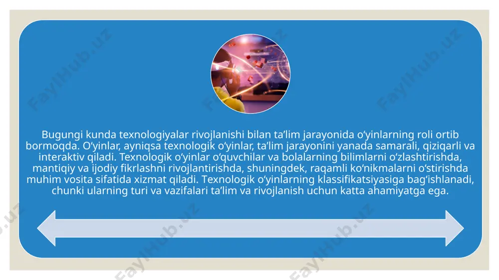 sohalar bo‘yicha malaka va tajriba orttiradilar. masalan, qurilish simulyatori yoki boshqaruv o‘yinlari orqali o‘yinchilar turli resurslarni boshqarish va samarali ishlatishni o‘rganadilar. bunday o‘yinlar strategik rejalashtirish va qarorlar qabul qilish ko‘nikmalarini rivojlantiradi. mantiqiy va boshqotirma o‘yinlar bolalarning fikrlash qobiliyatlarini rivojlantirishga yordam beradi. ushbu o‘yinlar orqali bolalar muammolarni tahlil qilish, qiyoslash va yechim topishga o‘rganadilar. misol uchun, shaxmat yoki sudoku kabi o‘yinlar mantiqiy fikrlash va e’tiborni jamlashga undaydi. ular bolalarning analitik qobiliyatlarini rivojlantirish uchun juda foydali. ijodiy o‘yinlar ijodiy o‘yinlar bolalarga o‘z tasavvurlarini va ijodiy qobiliyatlarini rivojlantirish imkonini beradi. ushbu o‘yinlar orqali bolalar musiqa yaratish, surat chizish yoki hikoyalar yozishni o‘rganishlari mumkin. ijodiy o‘yinlar texnologiya yordamida bolalarning badiiy qobiliyatlarini kengaytiradi va ularni o‘z iste’dodlarini namoyon etishga rag‘batlantiradi. ko‘nikma o‘yinlari:ko‘nikma o‘yinlari maxsus texnik yoki jismoniy ko‘nikmalarni rivojlantirishga qaratilgan. masalan, ba’zi video o‘yinlar bolalarning qo‘l-motorik ko‘nikmalarini rivojlantirish yoki vaqtni to‘g‘ri boshqarish imkonini beradi. ko‘nikma o‘yinlari, shuningdek, jamoaviy ishlash, muloqot va hamkorlikni rivojlantirishga xizmat qiladi. …