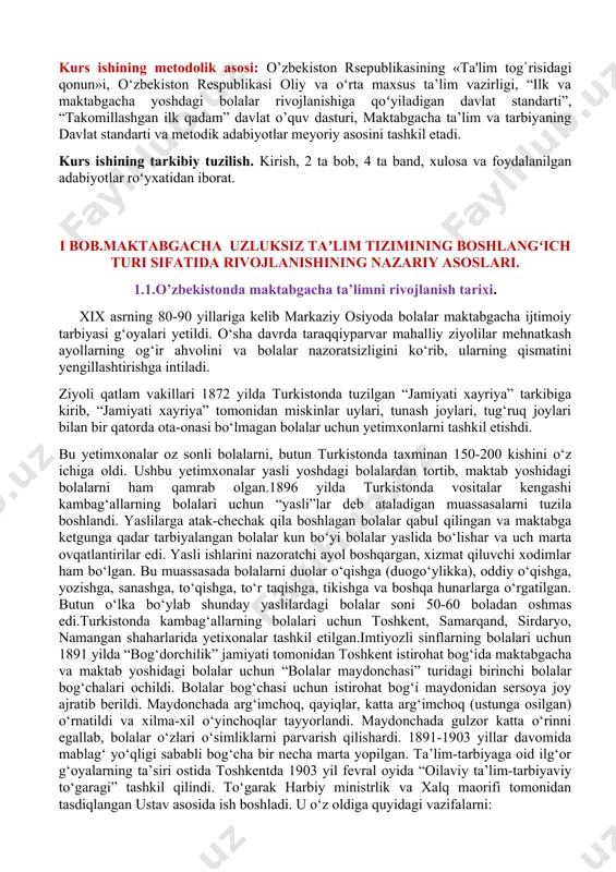 hgan ilk qadam” davlat o’quv dasturi, maktabgacha ta’lim va tarbiyaning davlat standarti va metodik adabiyotlar meyoriy asosini tashkil etadi. kurs ishining tarkibiy tuzilish. kirish, 2 ta bob, 4 ta band, xulosa va foydalanilgan adabiyotlar roʻyxatidan iborat. i bob.maktabgacha uzluksiz taʼlim tizimining boshlangʻich turi sifatida rivojlanishining nazariy asoslari. 1.1.o’zbekistonda maktabgacha ta’limni rivojlanish tarixi. xix asrning 80-90 yillariga kelib markaziy osiyoda bolalar maktabgacha ijtimoiy tarbiyasi g‘oyalari yetildi. o‘sha davrda taraqqiyparvar mahalliy ziyolilar mehnatkash ayollarning og‘ir ahvolini va bolalar nazoratsizligini ko‘rib, ularning qismatini yengillashtirishga intiladi. ziyoli qatlam vakillari 1872 yilda turkistonda tuzilgan “jamiyati xayriya” tarkibiga kirib, “jamiyati xayriya” tomonidan miskinlar uylari, tunash joylari, tug‘ruq joylari bilan bir qatorda ota-onasi bo‘lmagan bolalar uchun yetimxonlarni tashkil etishdi. bu yetimxonalar oz sonli bolalarni, butun turkistonda taxminan 150-200 kishini o‘z ichiga oldi. ushbu yetimxonalar yasli yoshdagi bolalardan tortib, maktab yoshidagi bolalarni ham qamrab olgan.1896 yilda turkistonda vositalar kengashi kambag‘allarning bolalari uchun “yasli”lar deb ataladigan muassasalarni tuzila boshlandi. …