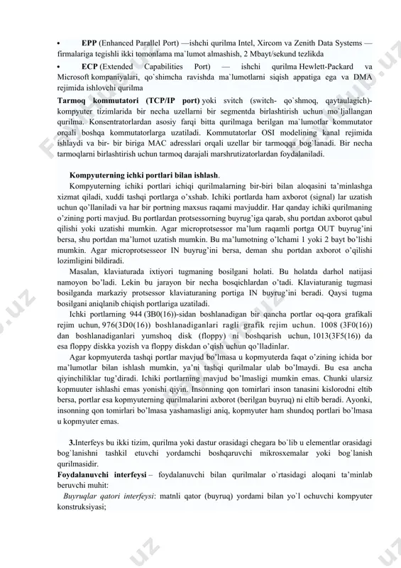 ltp1” (line printer terminal yoki line printer) standart nomidan kelib chiqqan. hozirgi vaqtda bu interfeys asosan usb interfeysi bilan mos tushadi va u yi`g`ma apparatlarni (skaner – printer - kserokopiya) ulashsh uchun ishlatiladi. lekin asosan yuqori tezlikda chop etish va printer uchun ishlatiladi. bu bilan asosan cetronics, betronics, hp, hewlett-packard firmalari tomonidan ishlab chiqariladi. ular 1284.3-2000 va 1284.4-2000 standartiga asoslangan. ishchi rejimlari: · spp (standart paralell port) — bir yo`nalishli port, to`laligicha cetronics interfeysi bilan mos tushadi. · nibble mode — spp rejimida ikki yo`nalishli ma`lumotlar almashinishga asoslangan (4 baytli) qo`shimcha qurilmalar bilan jihozlangan · byte mode — ba`zida qo`llaniluvchi ieee 1284 standartiga asoslangan eski kontrollerlardan ikki tomonlama ma`lumot almashish uchun foydalaniladi. · epp (enhanced parallel port) —ishchi qurilma intel, xircom va zenith data systems — firmalariga tegishli ikki tomonlama ma`lumot almashish, 2 mbayt/sekund tezlikda · еср (extended capabilities port) — ishchi qurilma hewlett-packard va microsoft kompaniyalari, qo`shimcha ravishda ma`lumotlarni …
