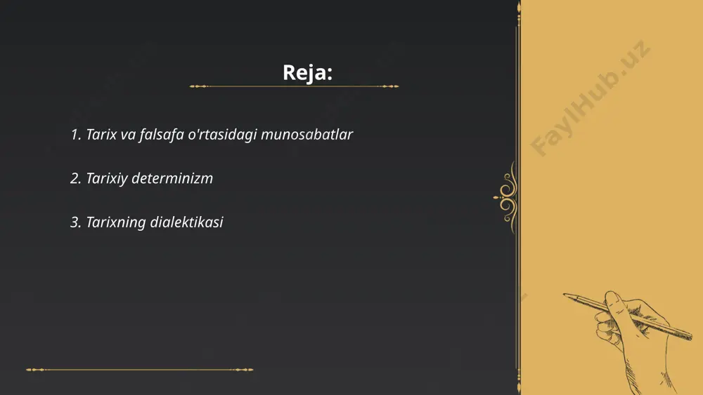 igi va rivojlanishidagi ziddiyatlarning hal etilishidir. dialektika nuqtai nazaridan, tarixiy taraqqiyot qarama-qarshiliklar, sintezlar va uzviylik orqali yuzaga keladi. masalan, feodalizm inqirozidan kapitalizm shakllangan va keyinchalik kapitalizm ichidagi qarama-qarshiliklar sotsializm g'oyalariga olib kelgan. tarixda ziddiyatlar harakatlantiruvchi kuch sifatida ko'rsatiladi, bu esa ijtimoiy, iqtisodiy va siyosiy tizimlarning tinimsiz o'zgarishiga sabab bo'ladi. misol tariqasida, birinchi jahon urushi (1914-1918) va ikkinchi jahon urushi (1939-1945) davrida global ziddiyatlar dunyo xaritasini tubdan o'zgartirib yuborgani keltirilishi mumkin. dialektika orqali tarixiy jarayonlarning rivojlanishini tushunish, zamonaviy dunyo muammolarini hal qilishda muhim hisoblanadi. ... t.me/slaydai_bot 4. tarixning maqsadi va maqsadsizligi tarixning maqsadi insoniyatning o'tmishini o'rganish, uni tahlil qilish va kelajak uchun saboq chiqarishdir. tarixiy faktlar, voqealar va shaxslar orqali jamiyat rivojlanishini va madaniy merosni anglashga yordam beradi. tarixshunoslar bu jarayonda hujjatlar, yozuvlar va arxiv materiallaridan foydalanadilar. maqsadsizlik esa o'zbek tarixshunosligida kamroq o'rganilgandir, lekin ba'zan tarixning muayyan hodisalarini qandaydir maqsadsiz oqibatlar sifatida ko'rish mumkin. tarixning maqsadsizligi ko'pincha tasodifiylik va kutilmagan natijalar …