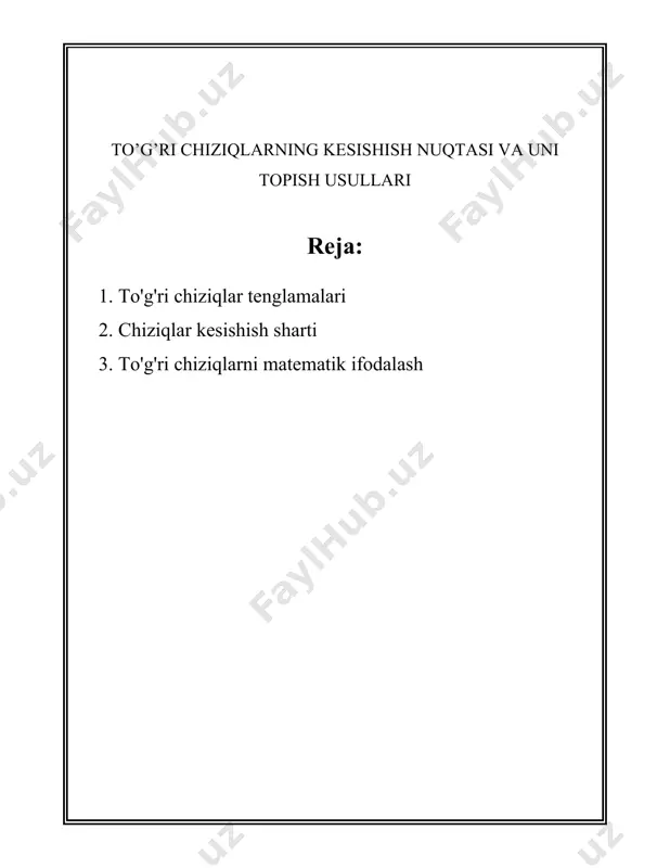 mas faqat ular bir xil qiyalik bo'lishi kerak, ya'ni m1 = m2. agar ikki chiziq perpendikulyar bo'lsa, ularning qiyaliklari bir-birining o'ta teskari chorilariga teng bo'lishi kerak: m1 * m2 = -1. bundan tashqari, chiziqlar tenglamalarini parametrik shaklda ifodalash mumkin, ya'ni birinchi darajali parametrlar orqali har qanday nuqta topilishi mumkin. bu shakl geometrik dolzarb masalalarni yechishda juda osonliklar taqdim etishi mumkin. muammolari yoki masala bor bo'lsa tenglamalarni grafik qilish orqali to'g'ri chiziqning qayerdan o'tayotganligini, uning bir-biriga nisbatan qanday turishini va joylashuvidagi tafsilotlarini ko'rish mumkin. grafik holda esa, to'g'ri chiziq har doim to'g'ri bo'ladi va cheksizlikka cho'ziladi. bundan tashqari, to'g'ri chiziq nuqtasiga eng qisqa masofani topish uchun normal tenglama ishlatiladi. to'g'ri chiziqlar tenglamalari har qanday muhandislik, fizika, iqtisodiyot yoki statistik uchun muhim vosita hisoblanadi va ko'pchilik nazariy va amaliy masalalarni yechishda ishlatiladi. to'g'ri chiziqlar turli shakllarda prezentatsiyalangan bo'lishi mumkin, lekin ular tahlil qilishda bosh prinsiplar o'zgarmaydi. har bir tenglama turli vazifalarga qarab …