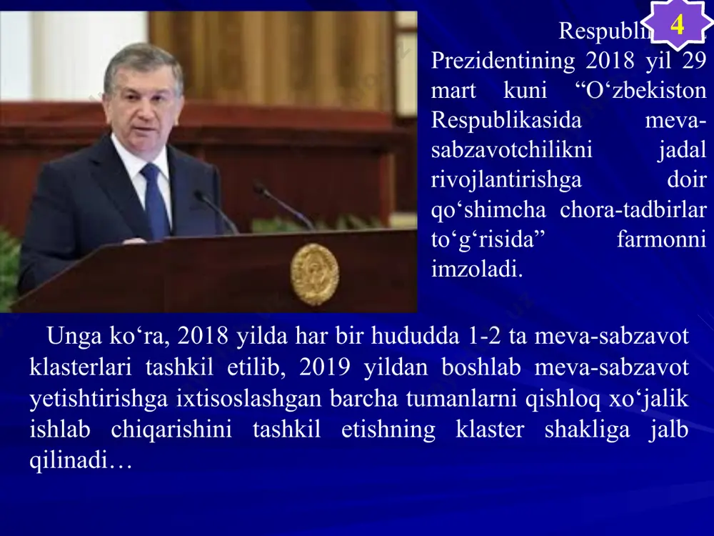 p) energiya tashuvchi hujayra, yangi novdalar rivojlanishini ta’minlaydi 1 tonna hosil uchun 3 кg talab etiladi. 26 каliy (к) eng kerakli moddalardan tokning kaliyga bo’lgan talabi o’rtacha moddalar almashinuvidagi (ishqoriylik) va kislotalik darajasi me’yorini ta’minlaydi tez harakatchan novdalarning pishish jarayonida qatnashadi, tokni sovuqqa chidamliligini oshiradi 1 tonna hosil uchun 1 кg talab etiladi; minerallarning yetishmasligi belgilari: har-bir element yetishmasligi o’ziga xos belgiga ega. to’g’ri parvarish qilish uchun elementlar yetishmovchiligi belgilarini bilish muhimdir. 27 28 29 1 tonna hosil olish uchun asosiy elementlarni tok tanasida taqsimlanishi (sarflanishi) % element o’simlik qismi meva ildiz zang barg novda jami azot 35,7 14 7,7 31,1 14,2 100 (3.9) fosfor 34,2 11,4 2,7 39,8 11,9 100 (3.0) kaliy 64,8 2,5 3,7 15,4 13,6 100 (1.0) kalsiy 8,4 1,2 5,7 69,8 14,9 100 (0,2) magniy 14,9 7,6 4,9 53,9 18,7 100 (0.6) jami ustunidagi qavs ichidagi sonlar kg hisobida olingan 30 3. o’g’it berish mashinalarining tuzilishi …